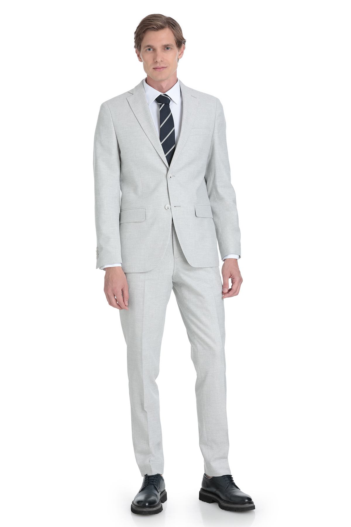 Hatemoğlu Gri Slim Fit Mono Yaka Keten Takım Elbise