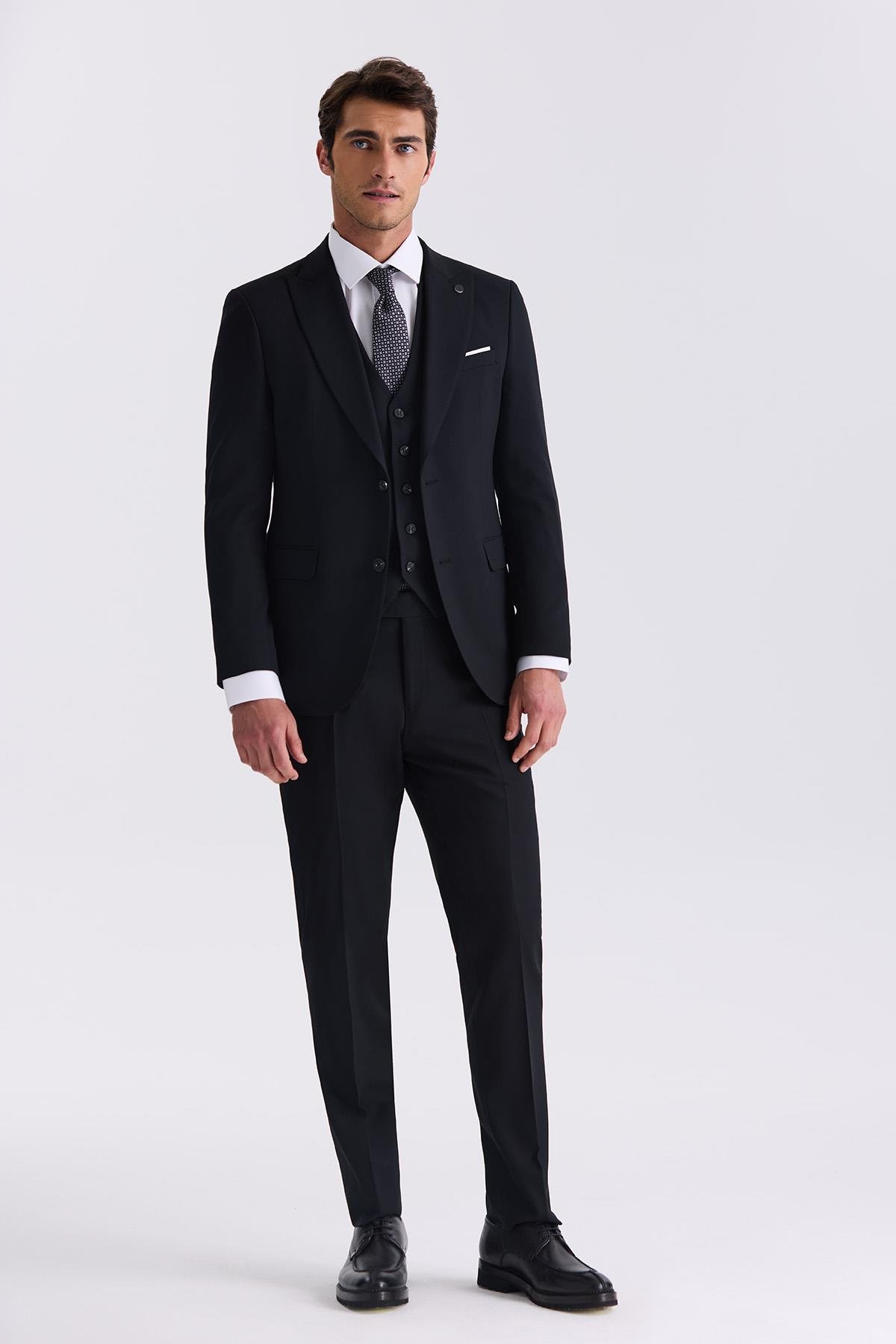 JAKAMEN Siyah Slim Fit Sivri Yaka Yelekli Bamboo Takım Elbise