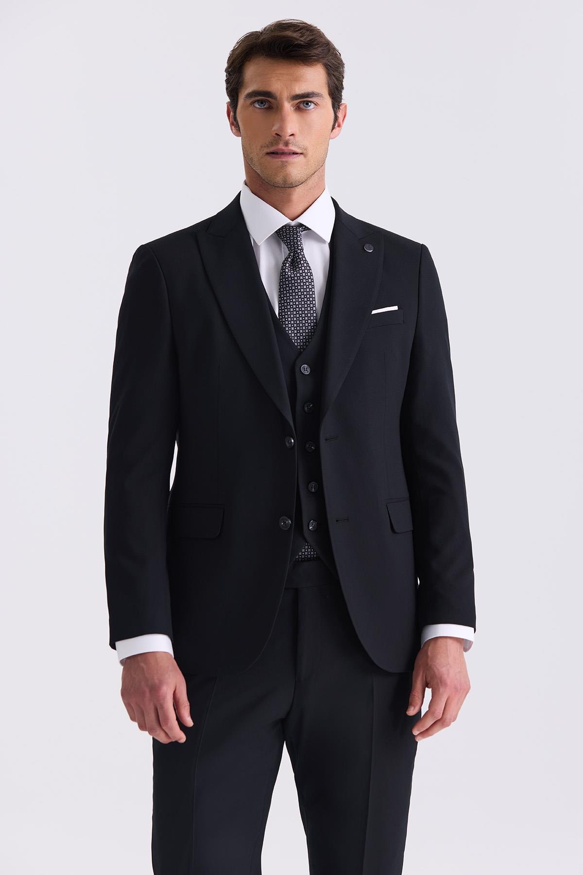 JAKAMEN Siyah Slim Fit Sivri Yaka Yelekli Bamboo Takım Elbise görsel 2