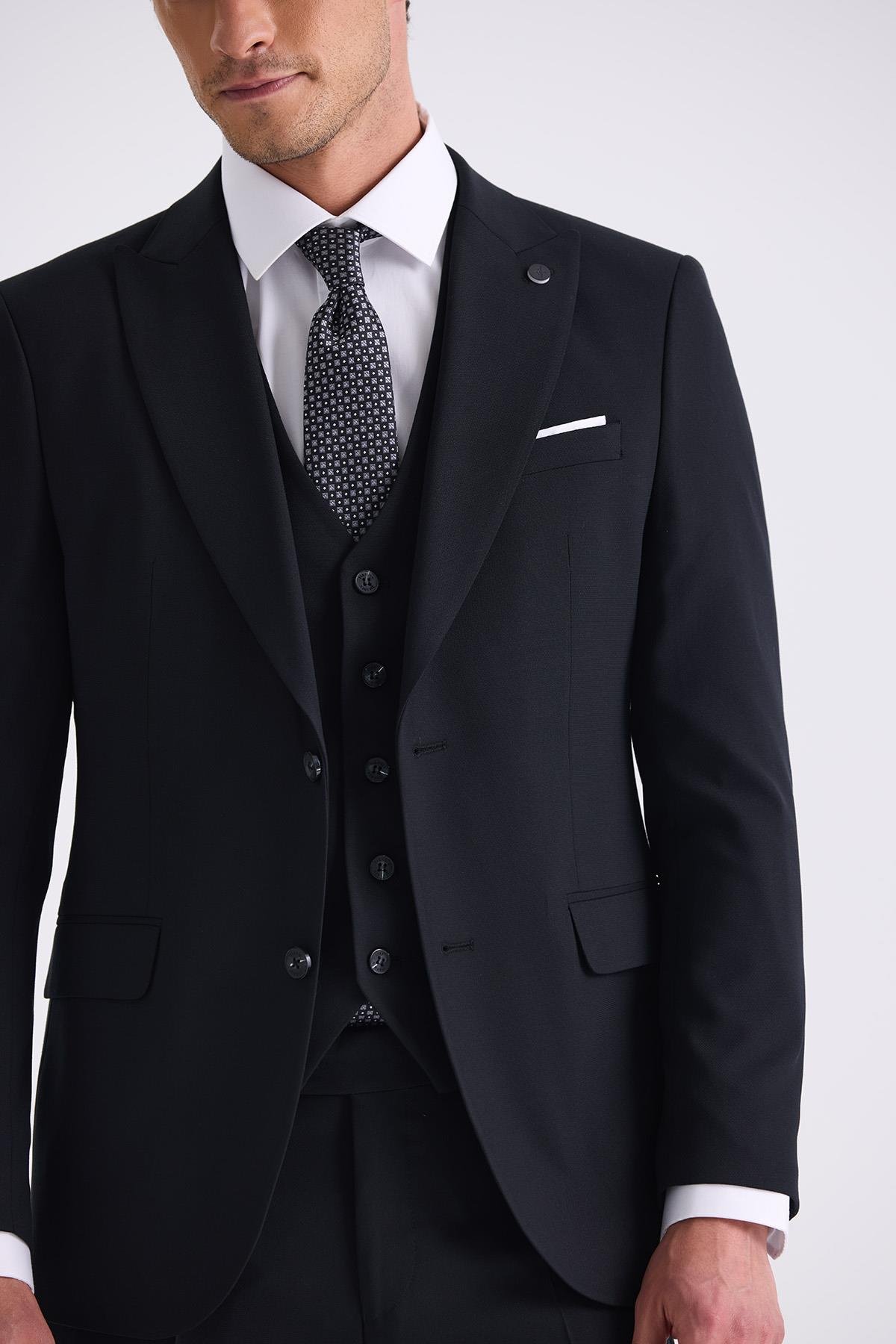 JAKAMEN Siyah Slim Fit Sivri Yaka Yelekli Bamboo Takım Elbise görsel 3