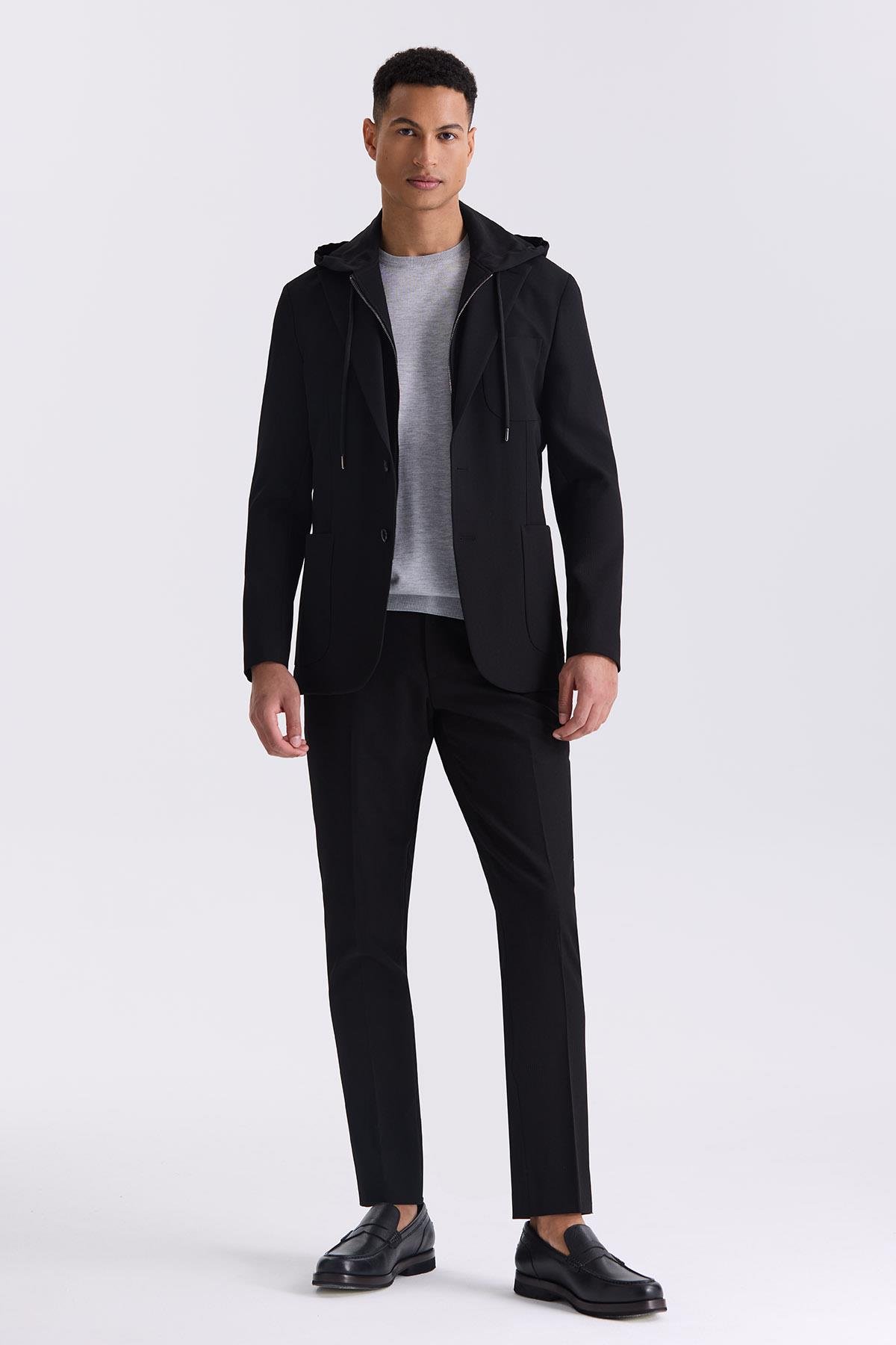 JAKAMEN Siyah Slim Fit Mono Yaka Kapüşonlu Spor Takım Elbise