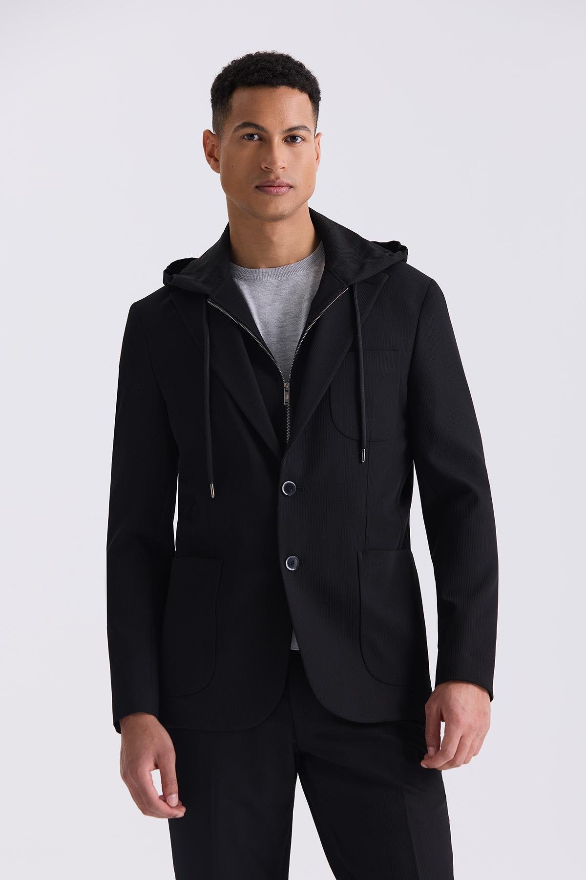 JAKAMEN Siyah Slim Fit Mono Yaka Kapüşonlu Spor Takım Elbise görsel 2