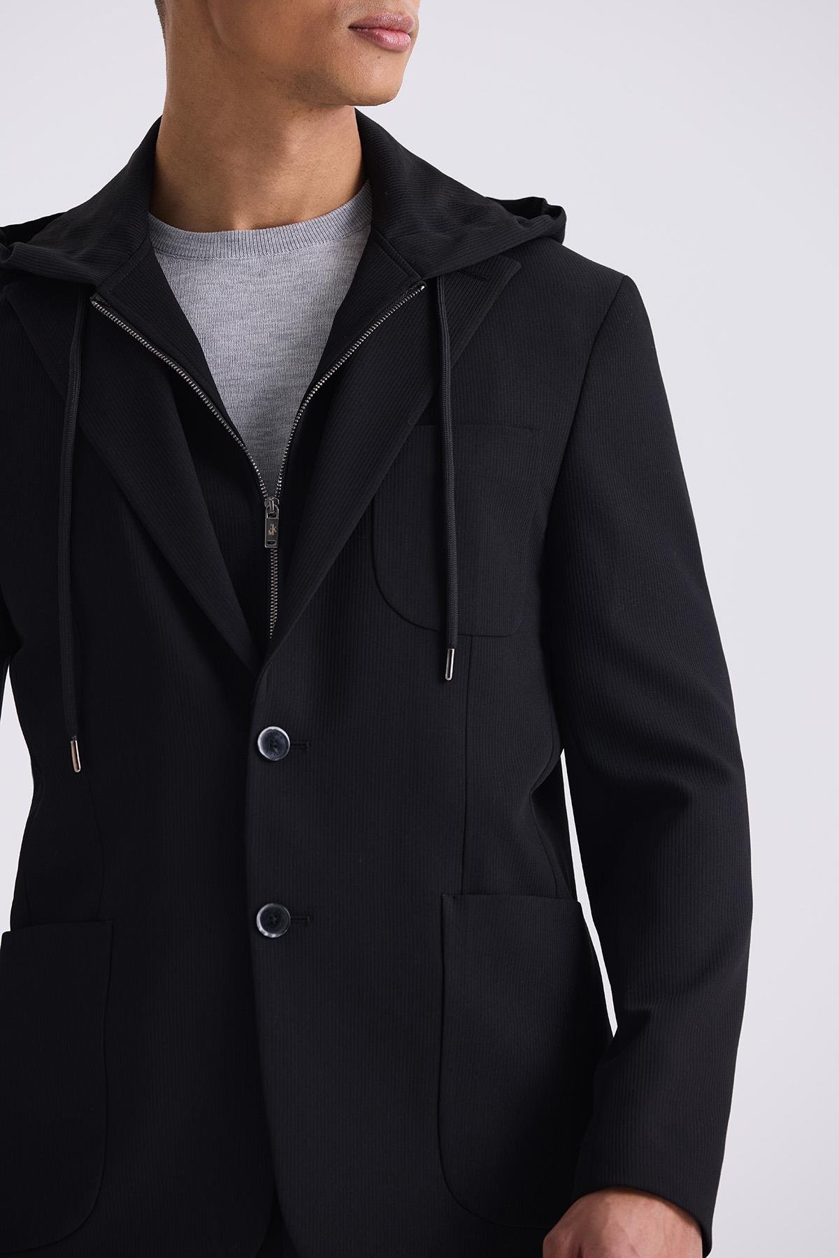 JAKAMEN Siyah Slim Fit Mono Yaka Kapüşonlu Spor Takım Elbise görsel 3