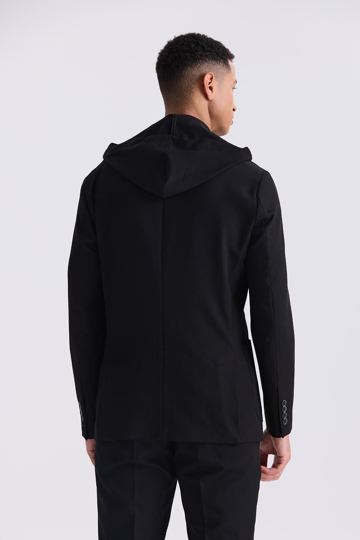JAKAMEN Siyah Slim Fit Mono Yaka Kapüşonlu Spor Takım Elbise görsel 4