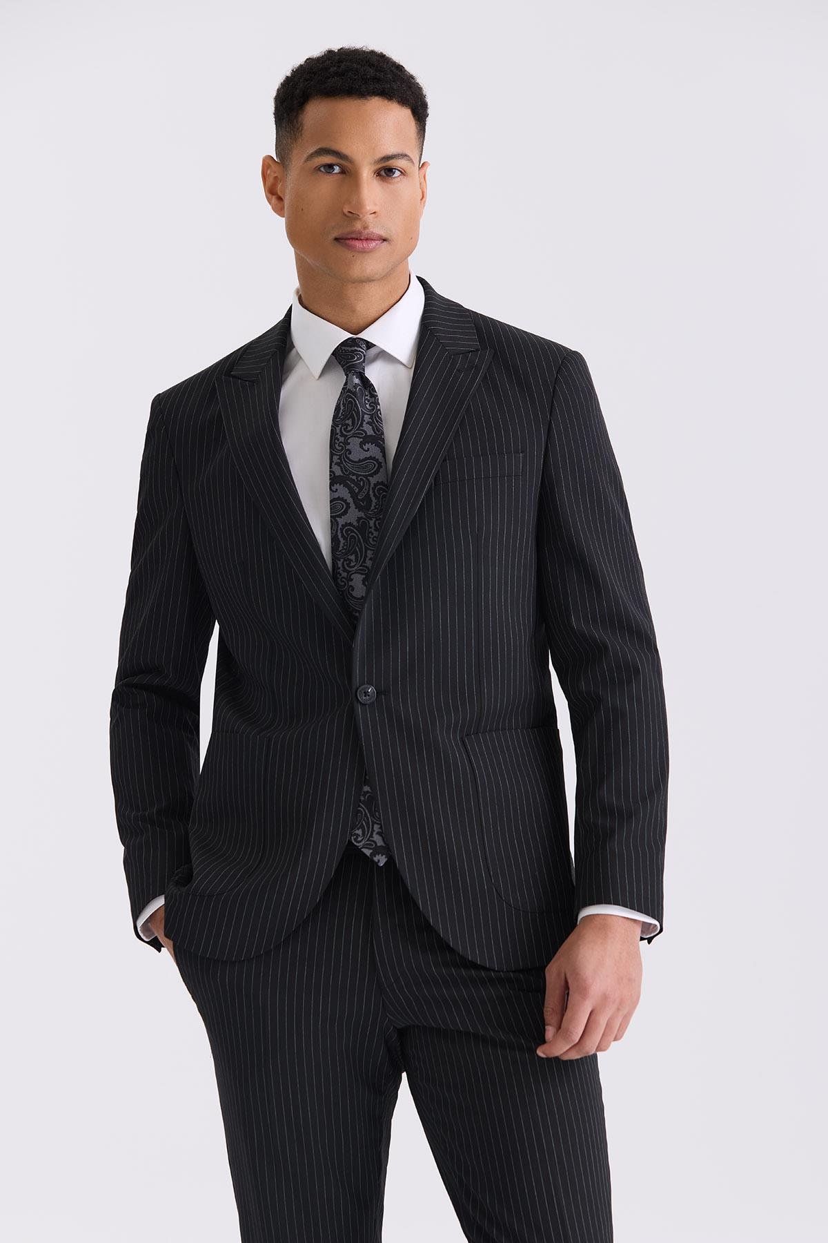 JAKAMEN Siyah Slim Fit Sivri Yaka Strech Çizgili Jogger Takım Elbise görsel 2
