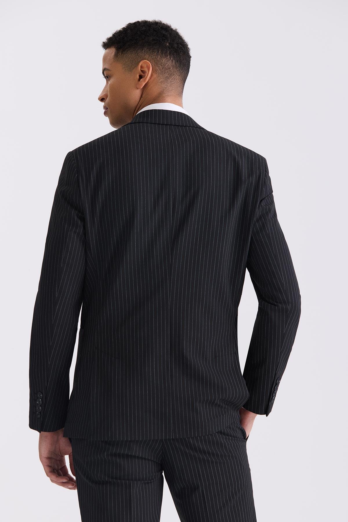 JAKAMEN Siyah Slim Fit Sivri Yaka Strech Çizgili Jogger Takım Elbise görsel 4