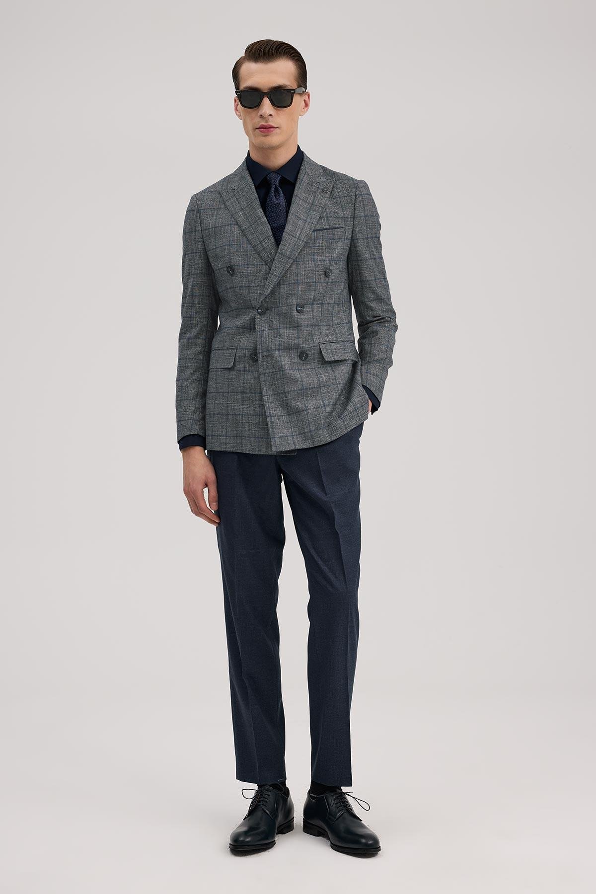 JAKAMEN Lacivert Slim Fit Kruvaze Takım Elbise