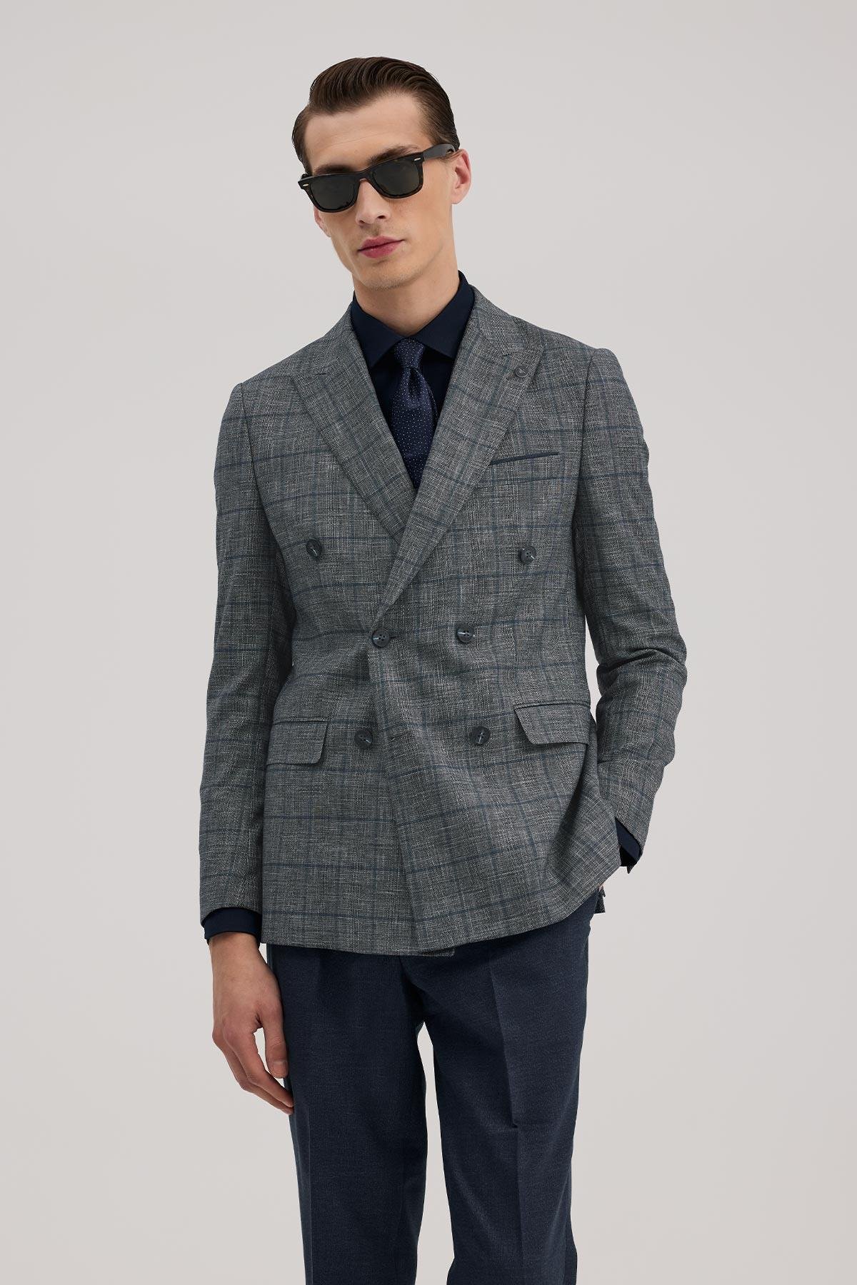 JAKAMEN Lacivert Slim Fit Kruvaze Takım Elbise görsel 2