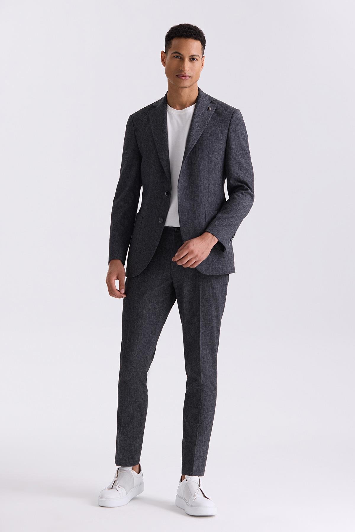 JAKAMEN Siyah Slim Fit Mono Yaka Keten Takım Elbise
