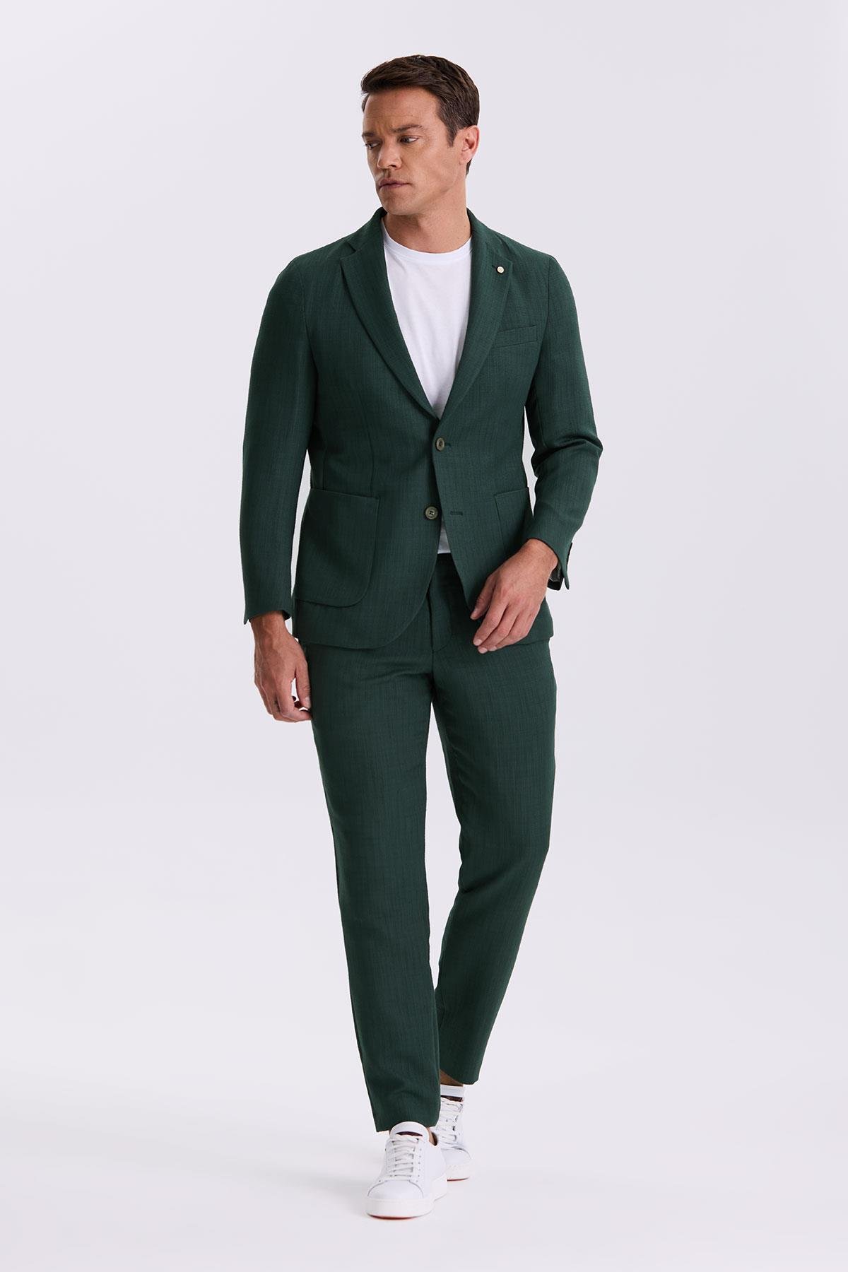 JAKAMEN Haki Slim Fit Mono Yaka Çift Yırtmaç Desenli Torba Cepli Takım Elbise