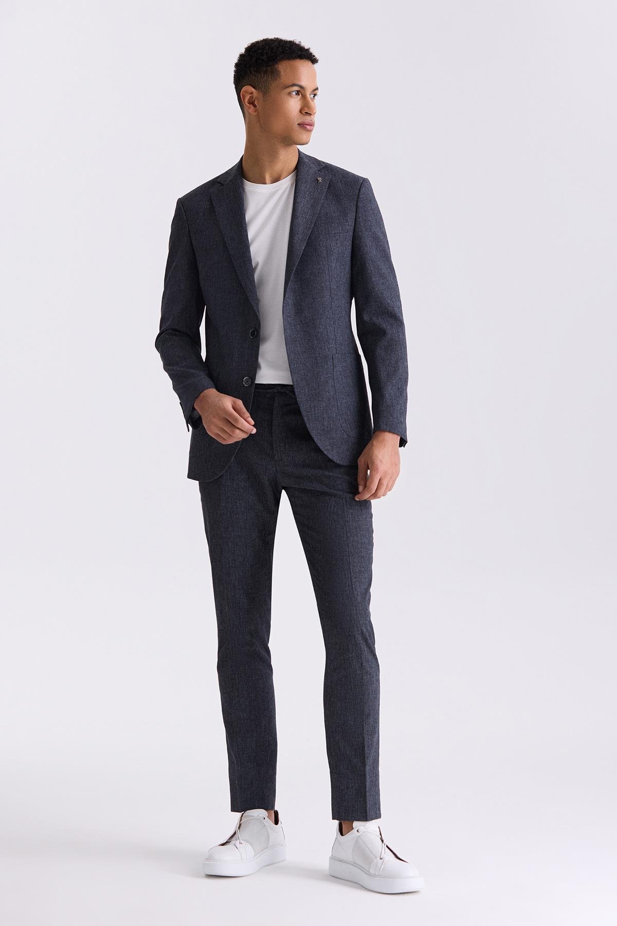 JAKAMEN Koyu Lacivert Slim Fit Mono Yaka Keten Takım Elbise