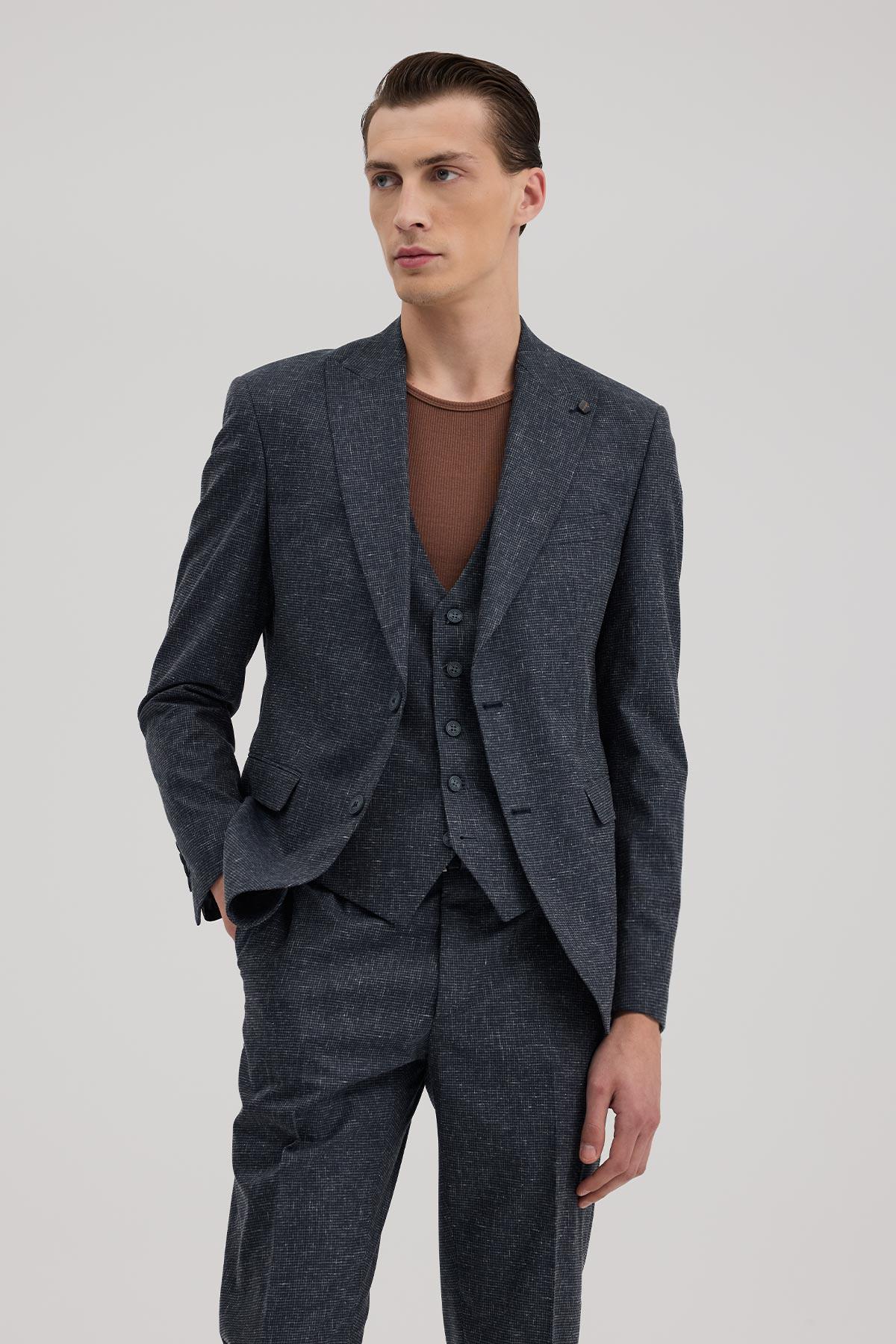 JAKAMEN Koyu Lacivert Slim Fit Sivri Yaka Yelekli Takım Elbise görsel 2