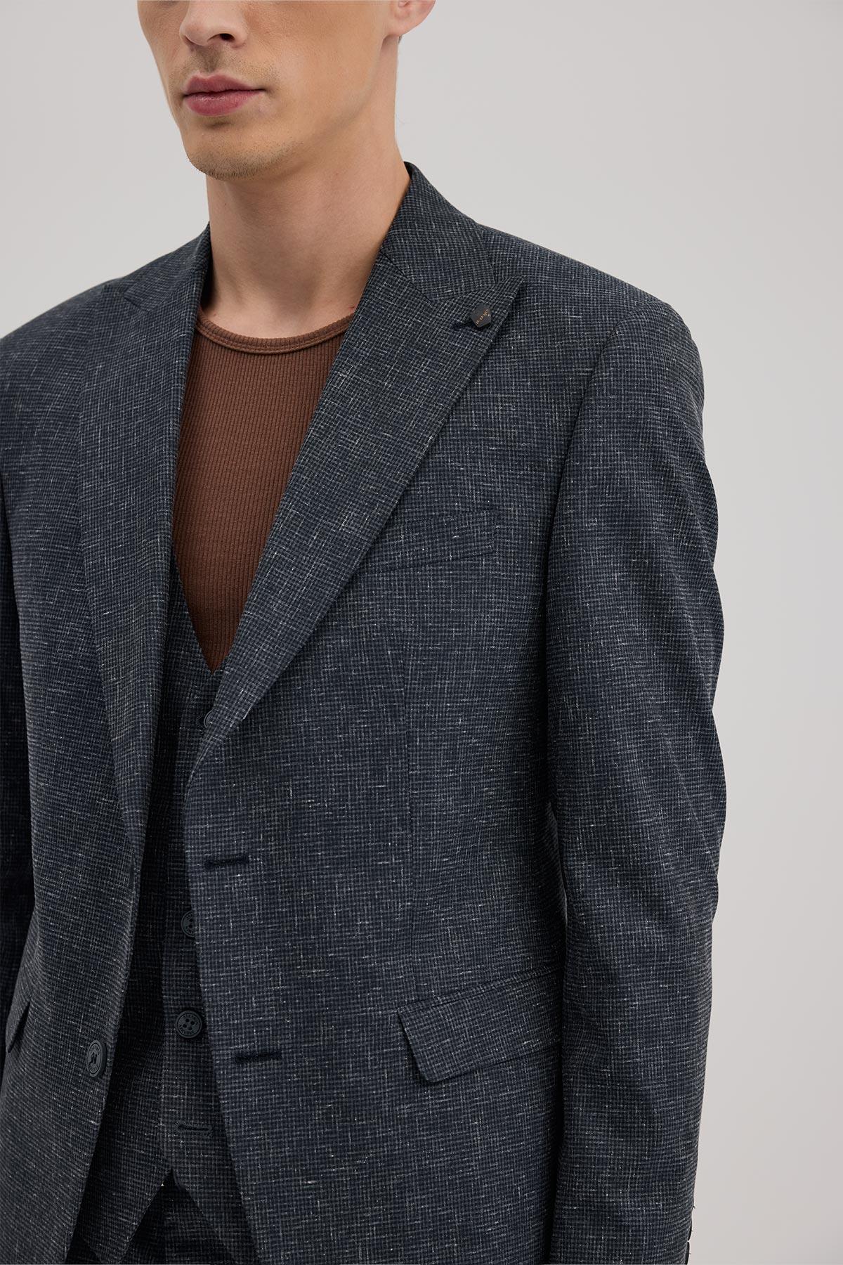 JAKAMEN Koyu Lacivert Slim Fit Sivri Yaka Yelekli Takım Elbise görsel 3