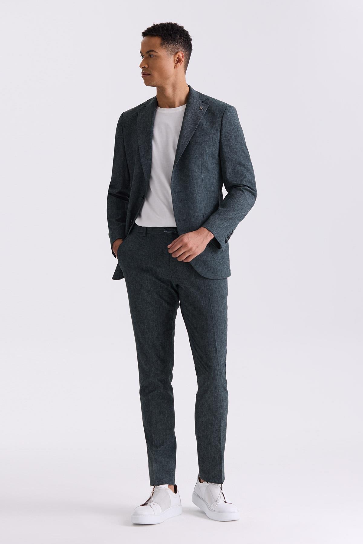 JAKAMEN Yeşil Slim Fit Mono Yaka Keten Takım Elbise