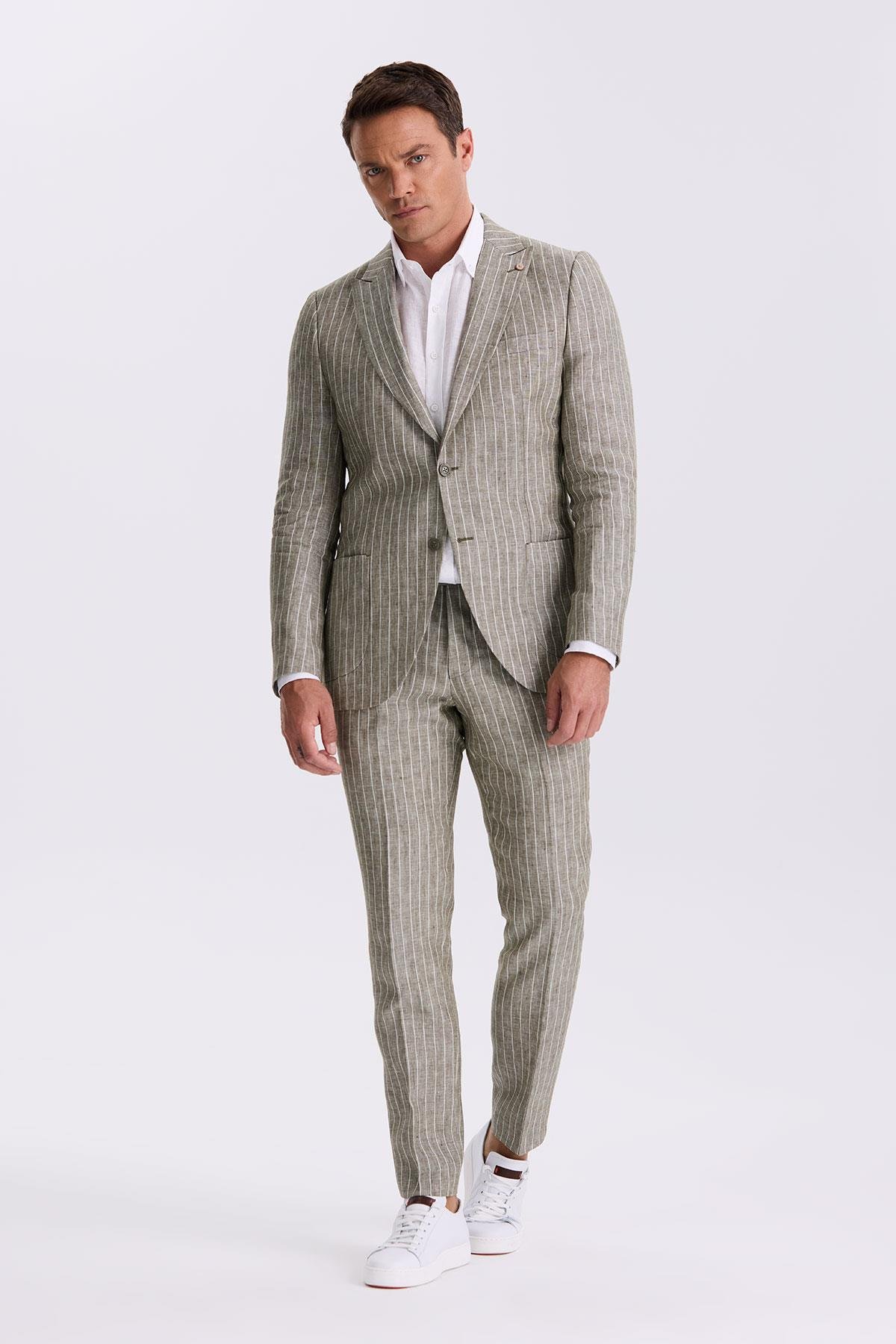 JAKAMEN Haki Slim Fit Kırlangıç Yaka Çift Yırtmaçlı %100 Keten Spor Takım Elbise
