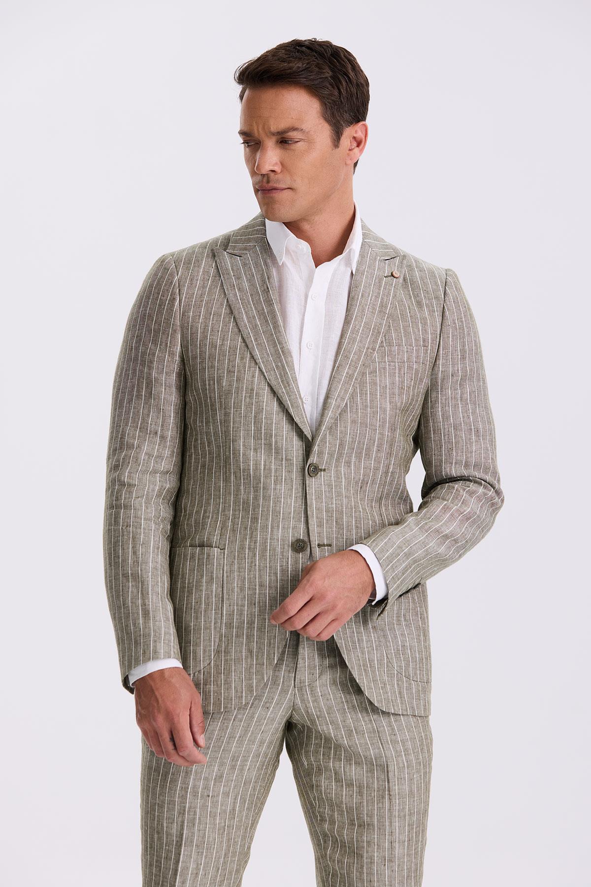 JAKAMEN Haki Slim Fit Kırlangıç Yaka Çift Yırtmaçlı %100 Keten Spor Takım Elbise görsel 2