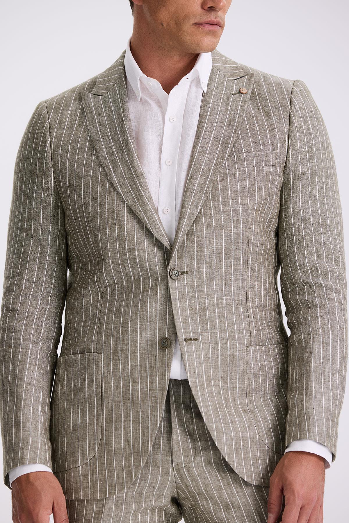 JAKAMEN Haki Slim Fit Kırlangıç Yaka Çift Yırtmaçlı %100 Keten Spor Takım Elbise görsel 3