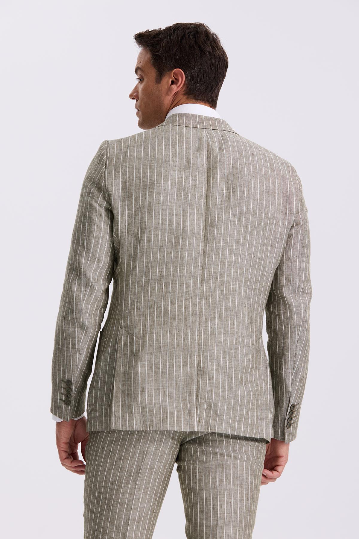 JAKAMEN Haki Slim Fit Kırlangıç Yaka Çift Yırtmaçlı %100 Keten Spor Takım Elbise görsel 4