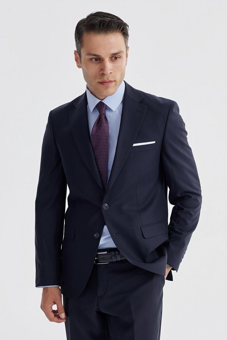 JAKAMEN Lacivert Slim Fit Mono Yaka Çift Yırtmaç Düz Takım Elbise görsel 3