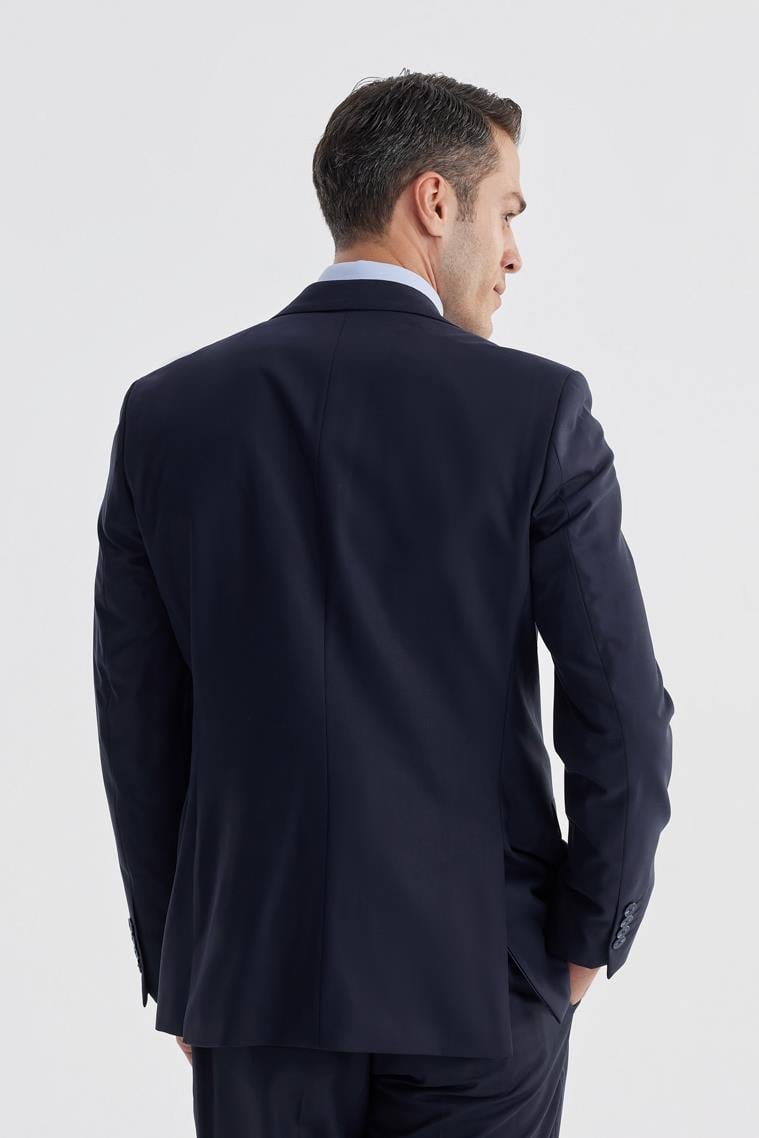 JAKAMEN Lacivert Slim Fit Mono Yaka Çift Yırtmaç Düz Takım Elbise görsel 5