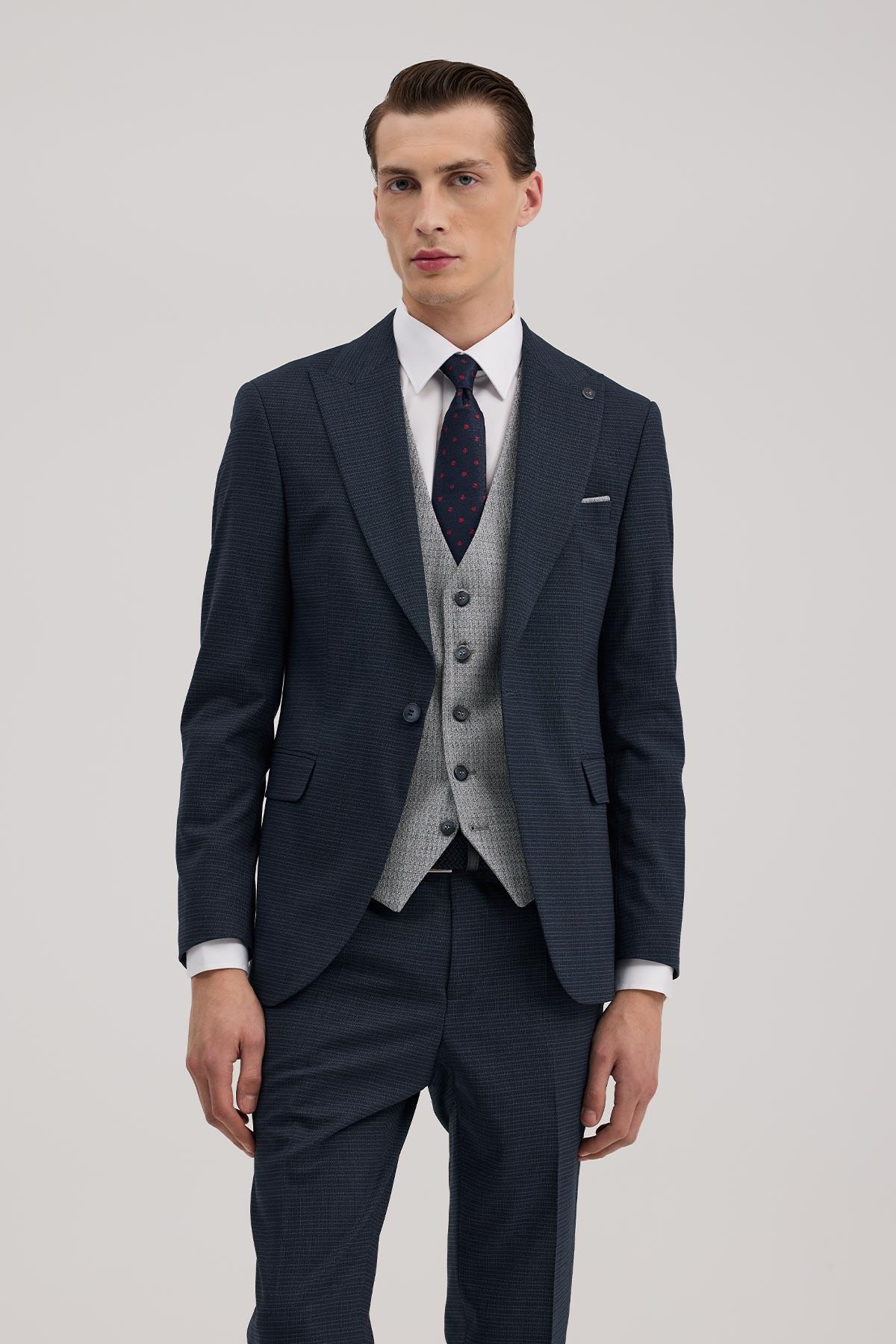JAKAMEN Lacivert Slim Fit Kırlangıç Yaka Yelekli Kombinli Takım Elbise görsel 2