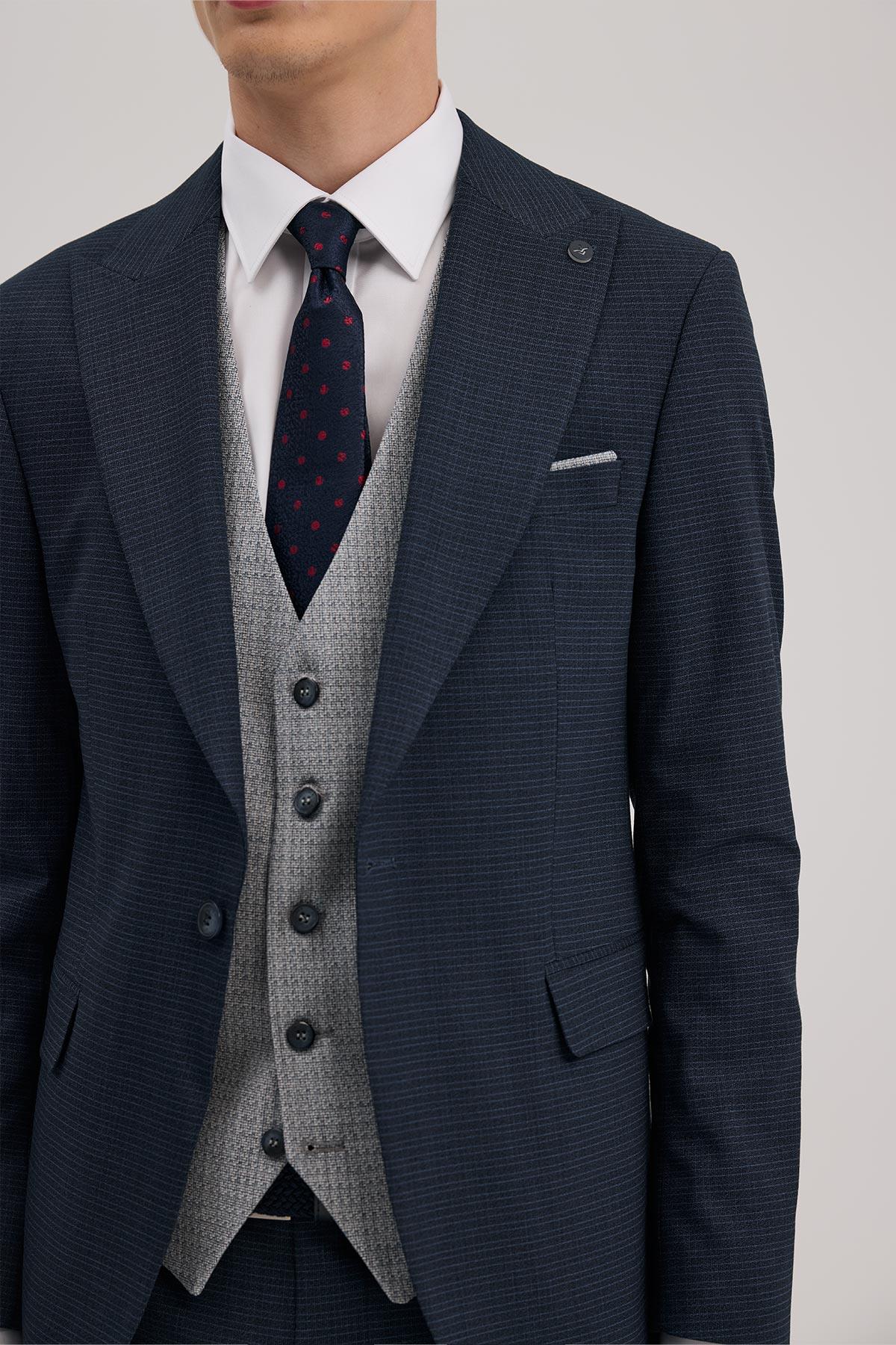 JAKAMEN Lacivert Slim Fit Kırlangıç Yaka Yelekli Kombinli Takım Elbise görsel 3