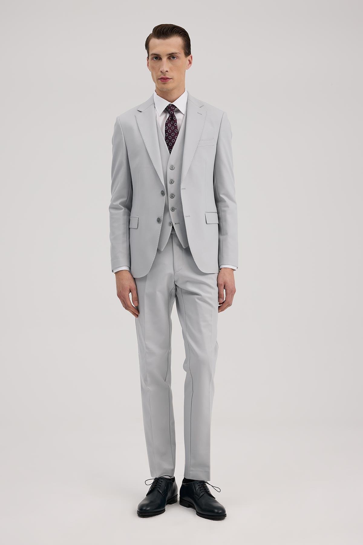JAKAMEN Gri Slim Fit Mono Yaka Çift Yırtmaçlı Yelekli Takım Elbise