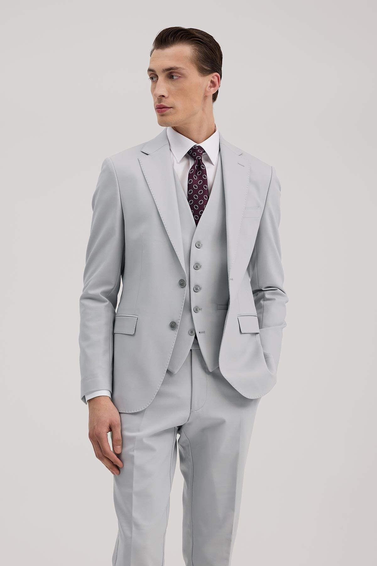 JAKAMEN Gri Slim Fit Mono Yaka Çift Yırtmaçlı Yelekli Takım Elbise görsel 2