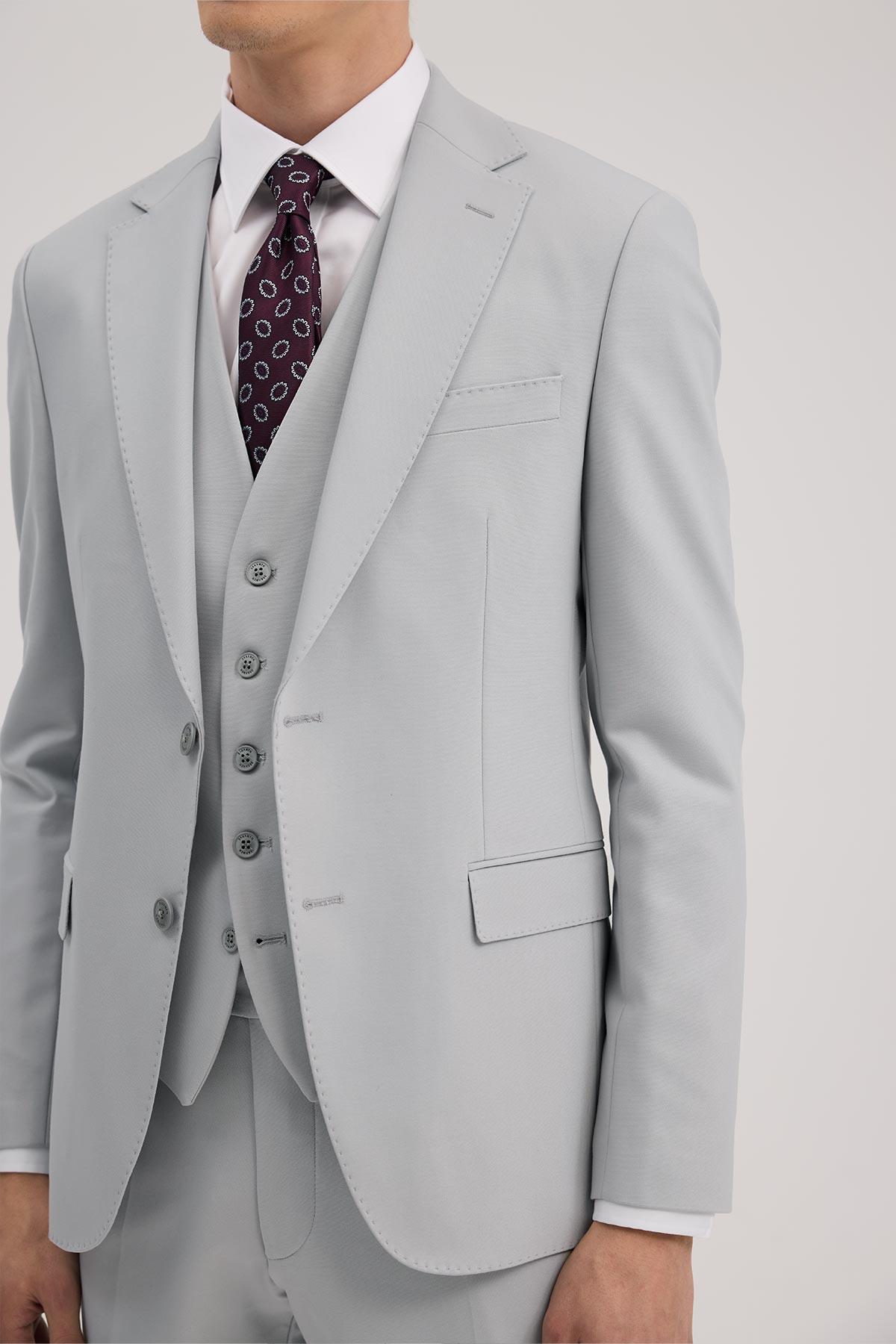 JAKAMEN Gri Slim Fit Mono Yaka Çift Yırtmaçlı Yelekli Takım Elbise görsel 3