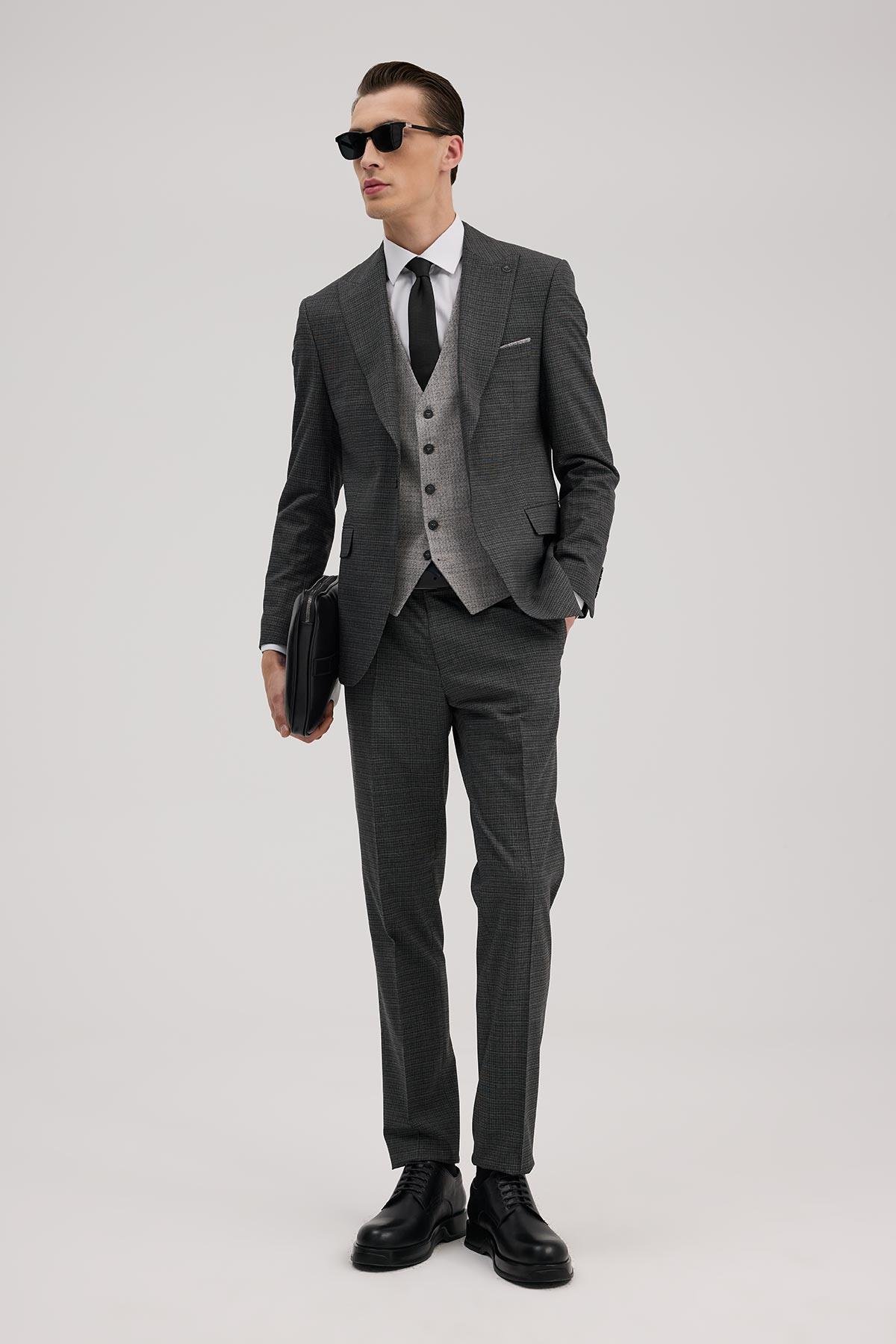 JAKAMEN Antrasit Slim Fit Kırlangıç Yaka Yelekli Kombinli Takım Elbise