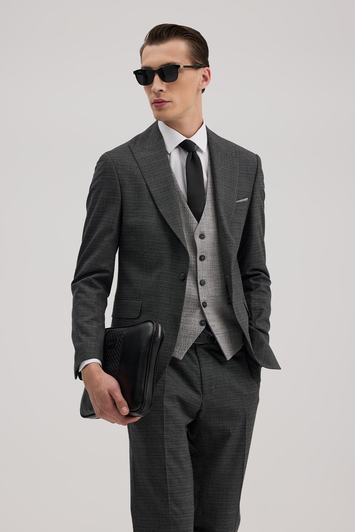JAKAMEN Antrasit Slim Fit Kırlangıç Yaka Yelekli Kombinli Takım Elbise görsel 2