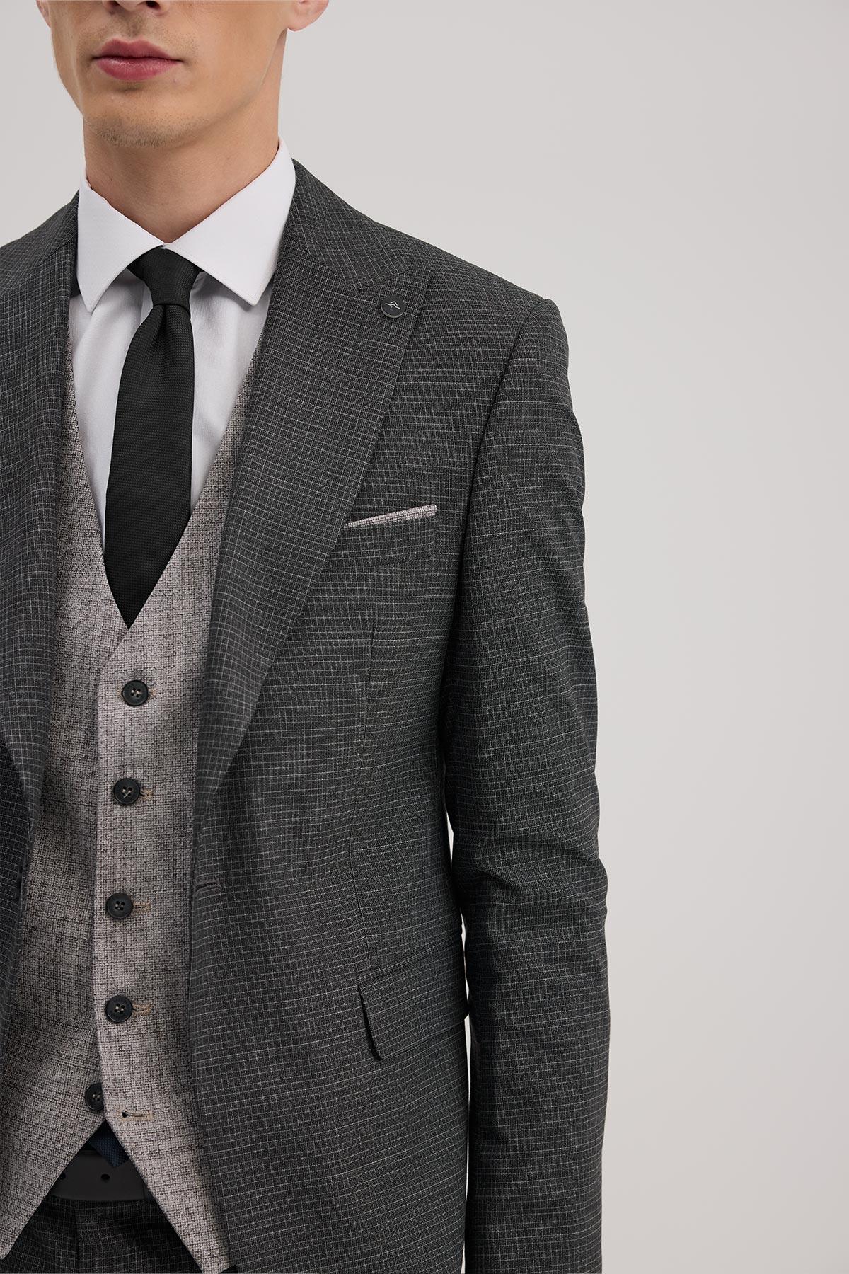 JAKAMEN Antrasit Slim Fit Kırlangıç Yaka Yelekli Kombinli Takım Elbise görsel 3