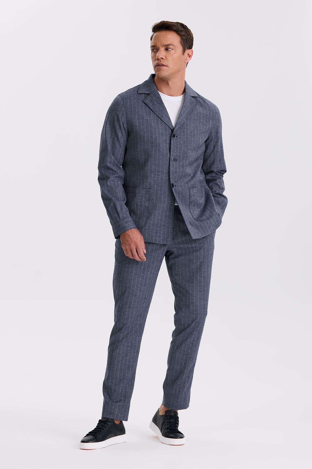 JAKAMEN Lacivert Slim Fit Apaş Yaka Keten Karışımlı Çift Yırtmaçlı Çizgili Takım Elbise