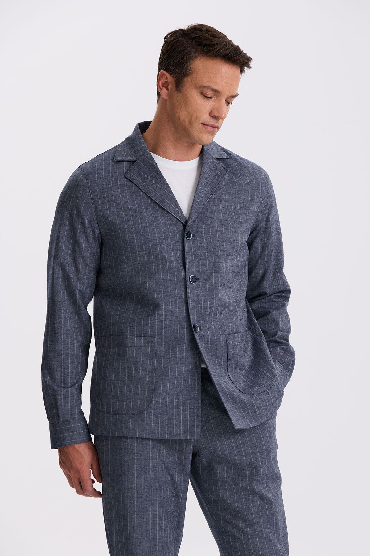 JAKAMEN Lacivert Slim Fit Apaş Yaka Keten Karışımlı Çift Yırtmaçlı Çizgili Takım Elbise görsel 2