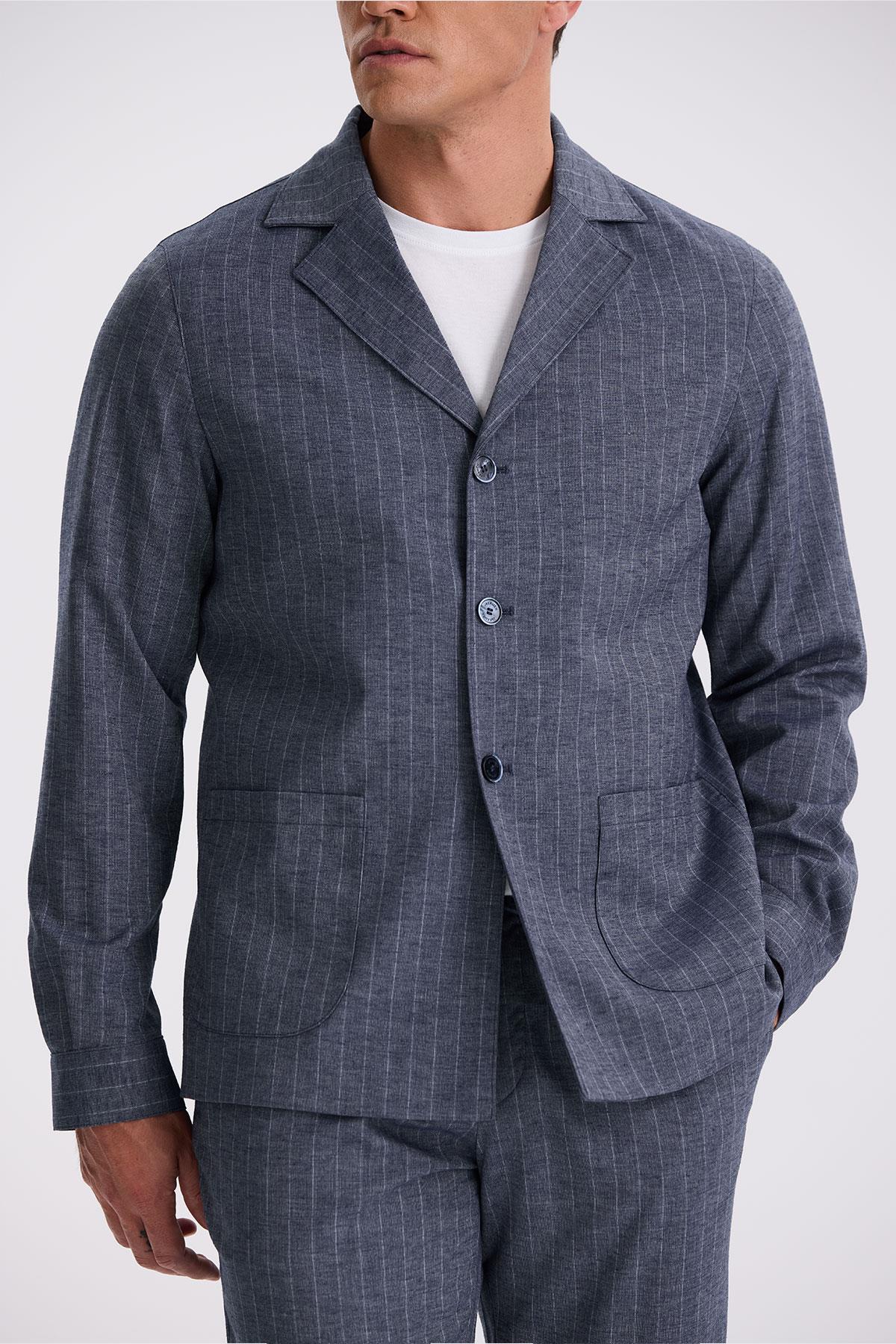 JAKAMEN Lacivert Slim Fit Apaş Yaka Keten Karışımlı Çift Yırtmaçlı Çizgili Takım Elbise görsel 3