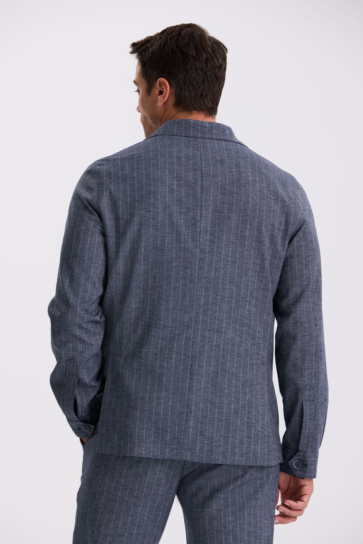 JAKAMEN Lacivert Slim Fit Apaş Yaka Keten Karışımlı Çift Yırtmaçlı Çizgili Takım Elbise görsel 4