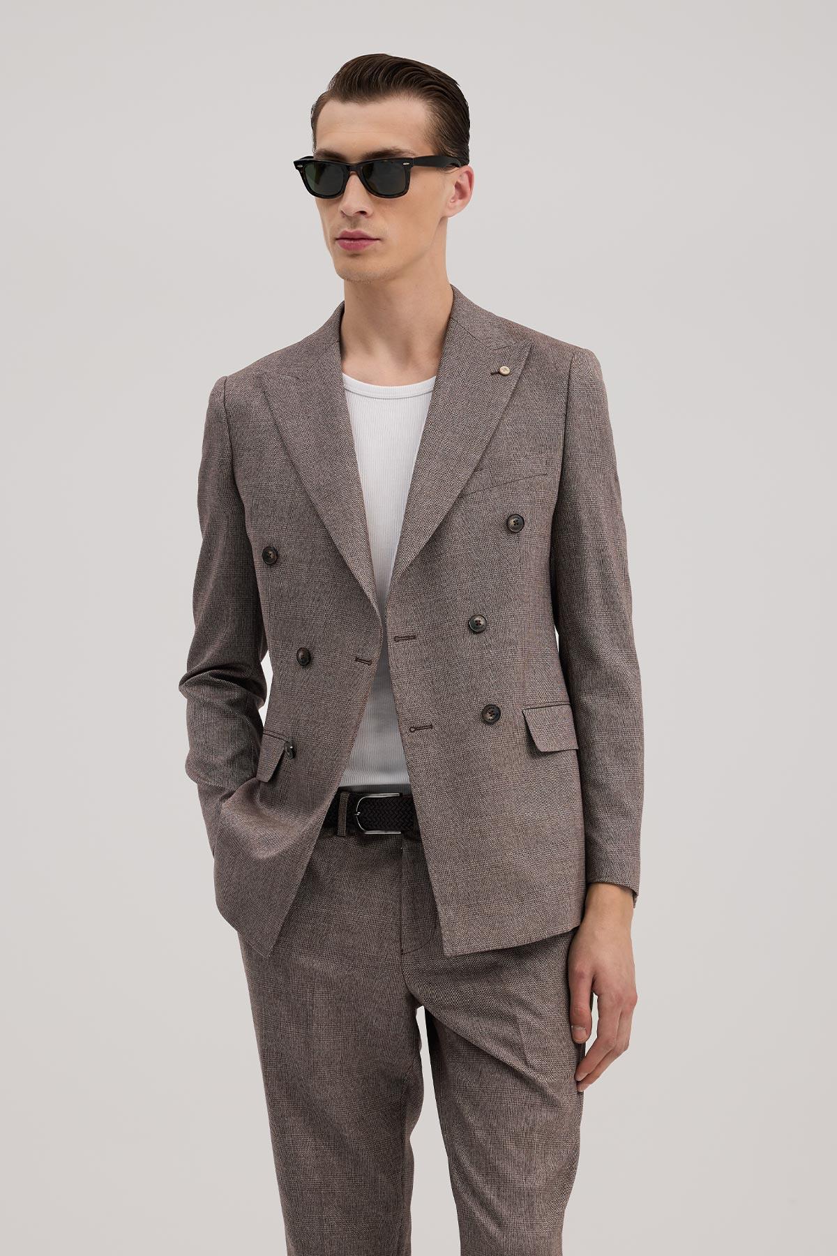JAKAMEN Bordo Slim Fit Ekoseli Kruvaze Takım Elbise görsel 2