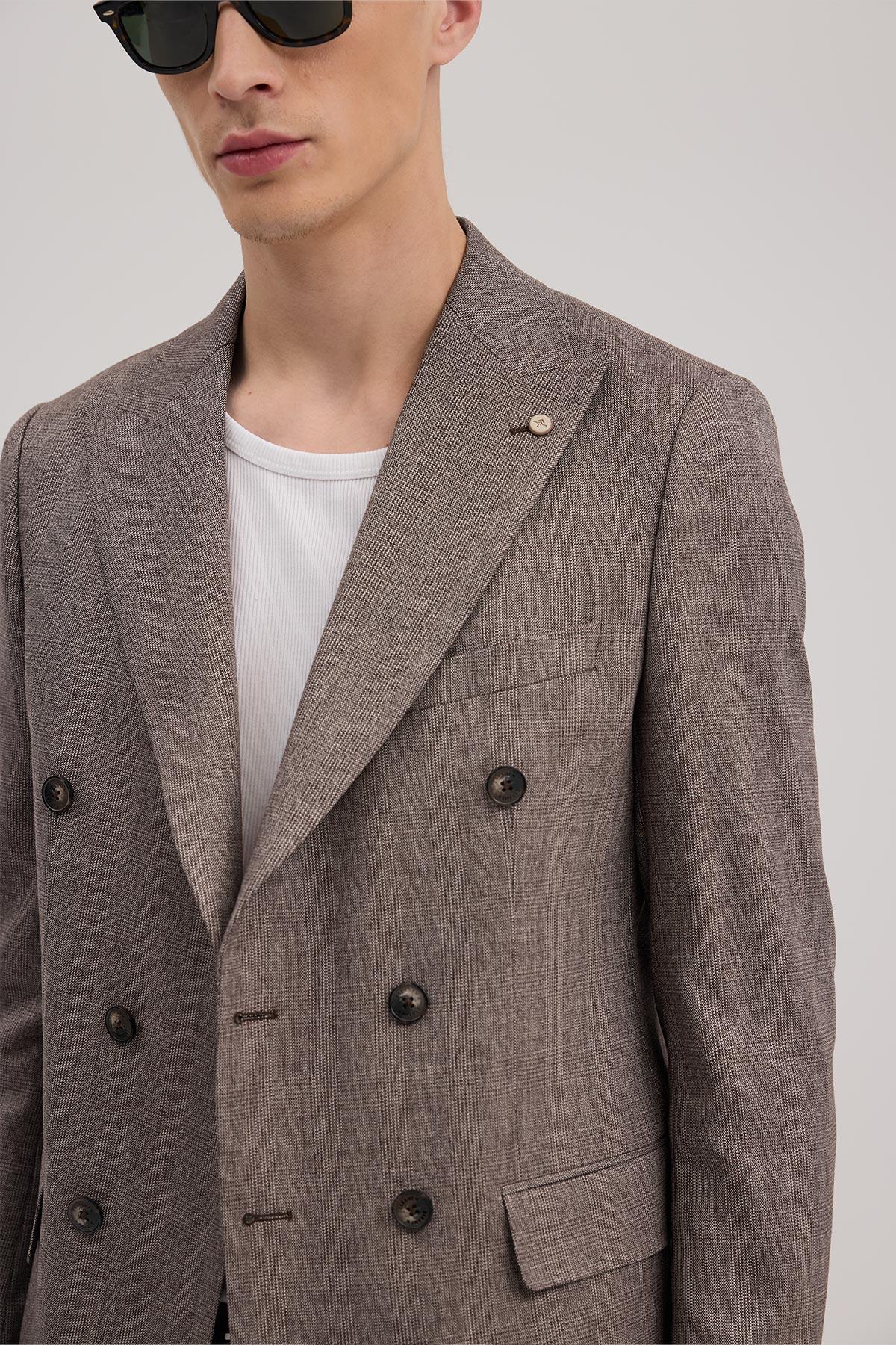 JAKAMEN Bordo Slim Fit Ekoseli Kruvaze Takım Elbise görsel 3