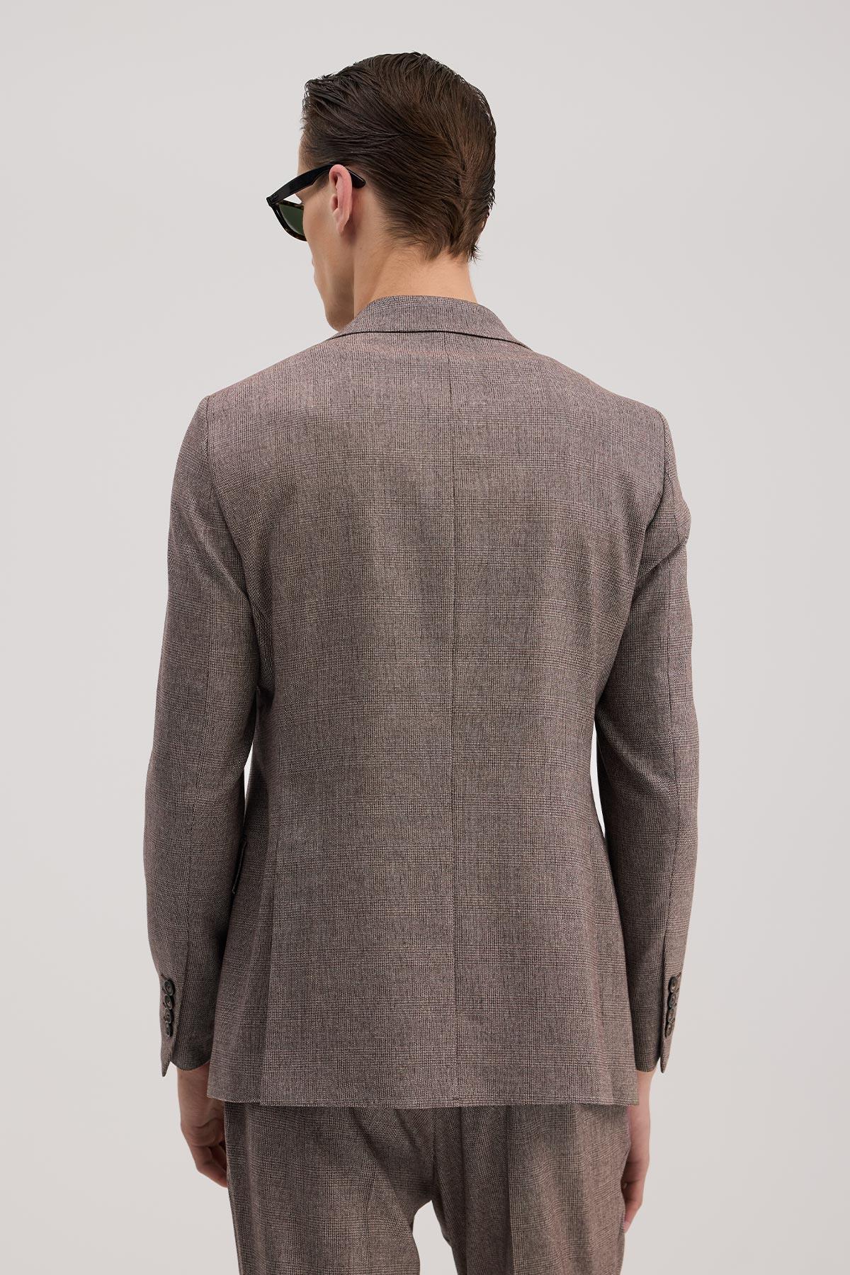 JAKAMEN Bordo Slim Fit Ekoseli Kruvaze Takım Elbise görsel 4