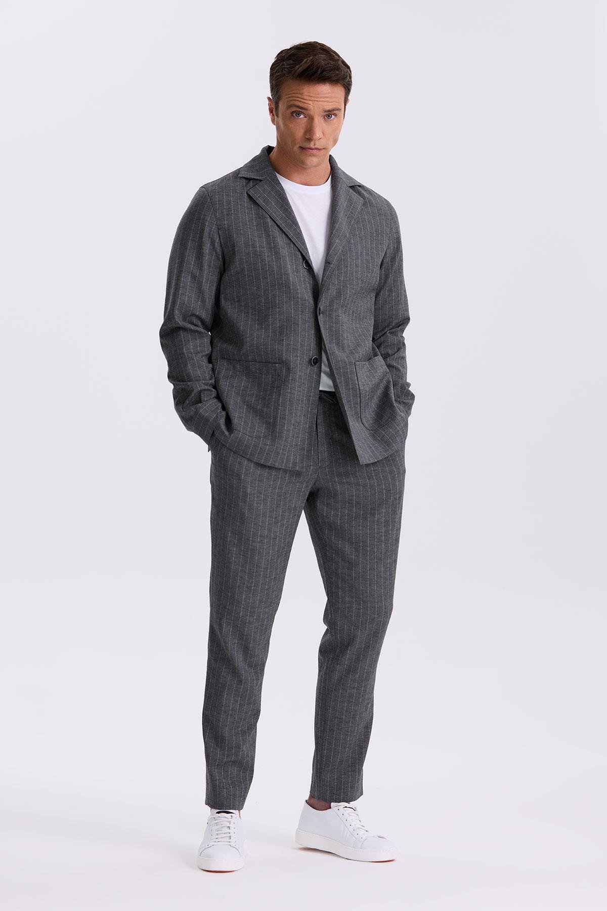 JAKAMEN Antrasit Slim Fit Apaş Yaka Keten Karışımlı Çift Yırtmaçlı Çizgili Takım Elbise