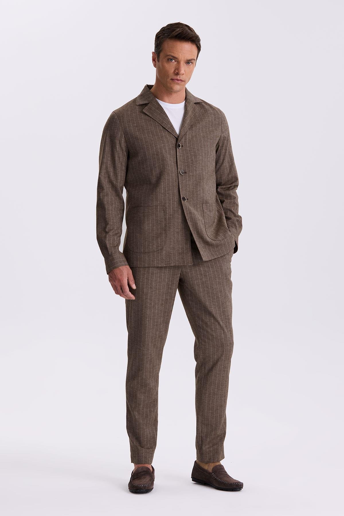 JAKAMEN Kahve Slim Fit Apaş Yaka Keten Karışımlı Çift Yırtmaçlı Çizgili Takım Elbise