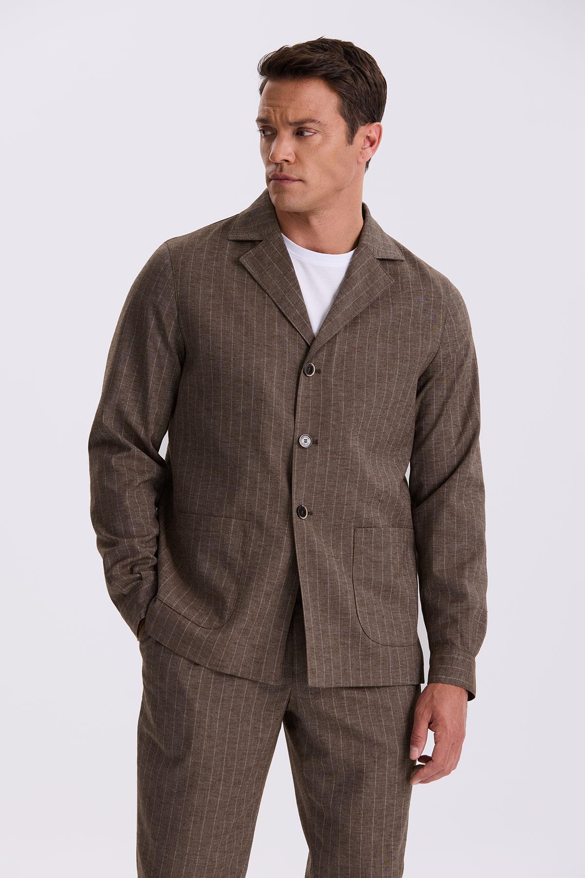 JAKAMEN Kahve Slim Fit Apaş Yaka Keten Karışımlı Çift Yırtmaçlı Çizgili Takım Elbise görsel 2
