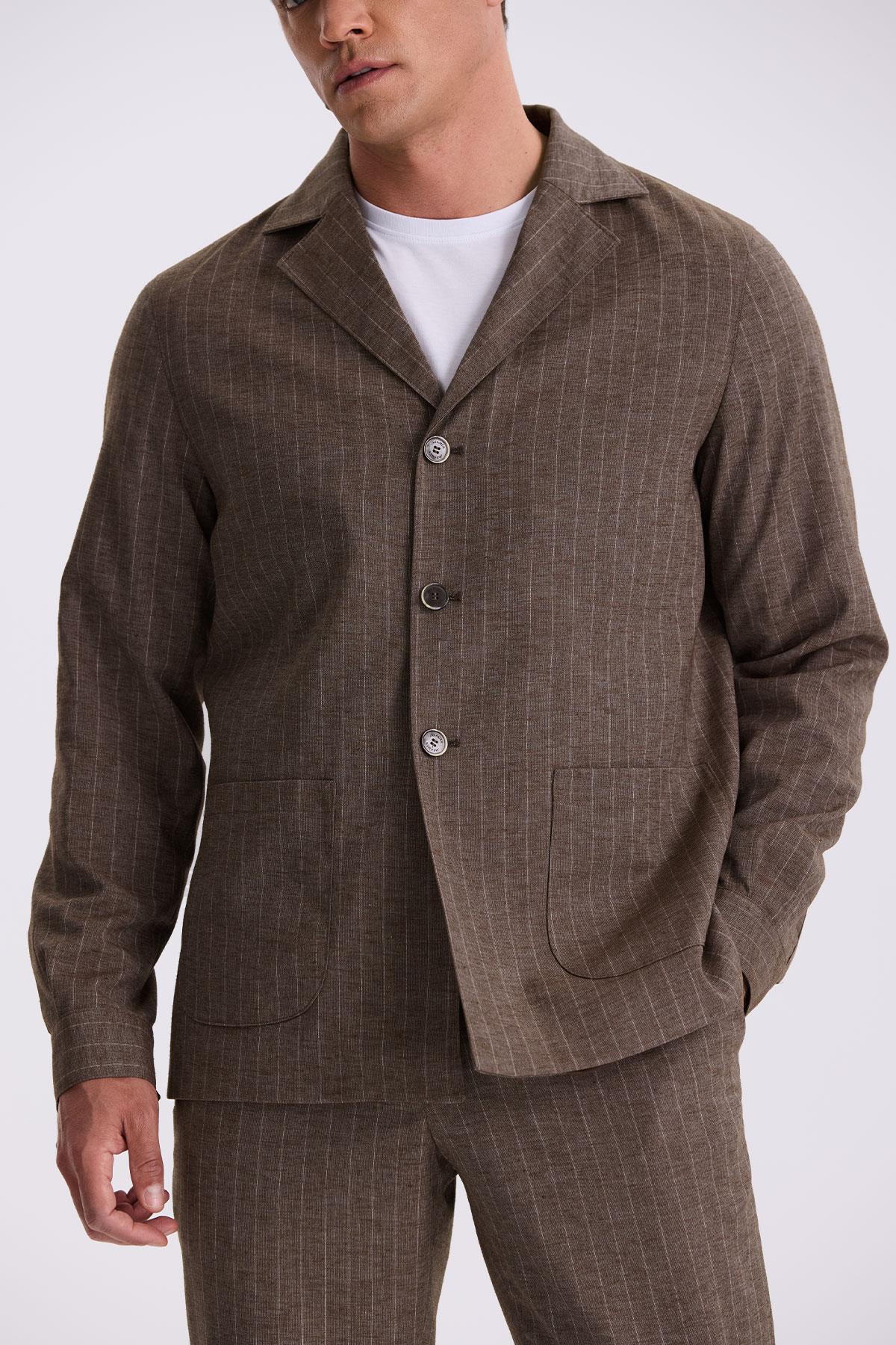 JAKAMEN Kahve Slim Fit Apaş Yaka Keten Karışımlı Çift Yırtmaçlı Çizgili Takım Elbise görsel 3