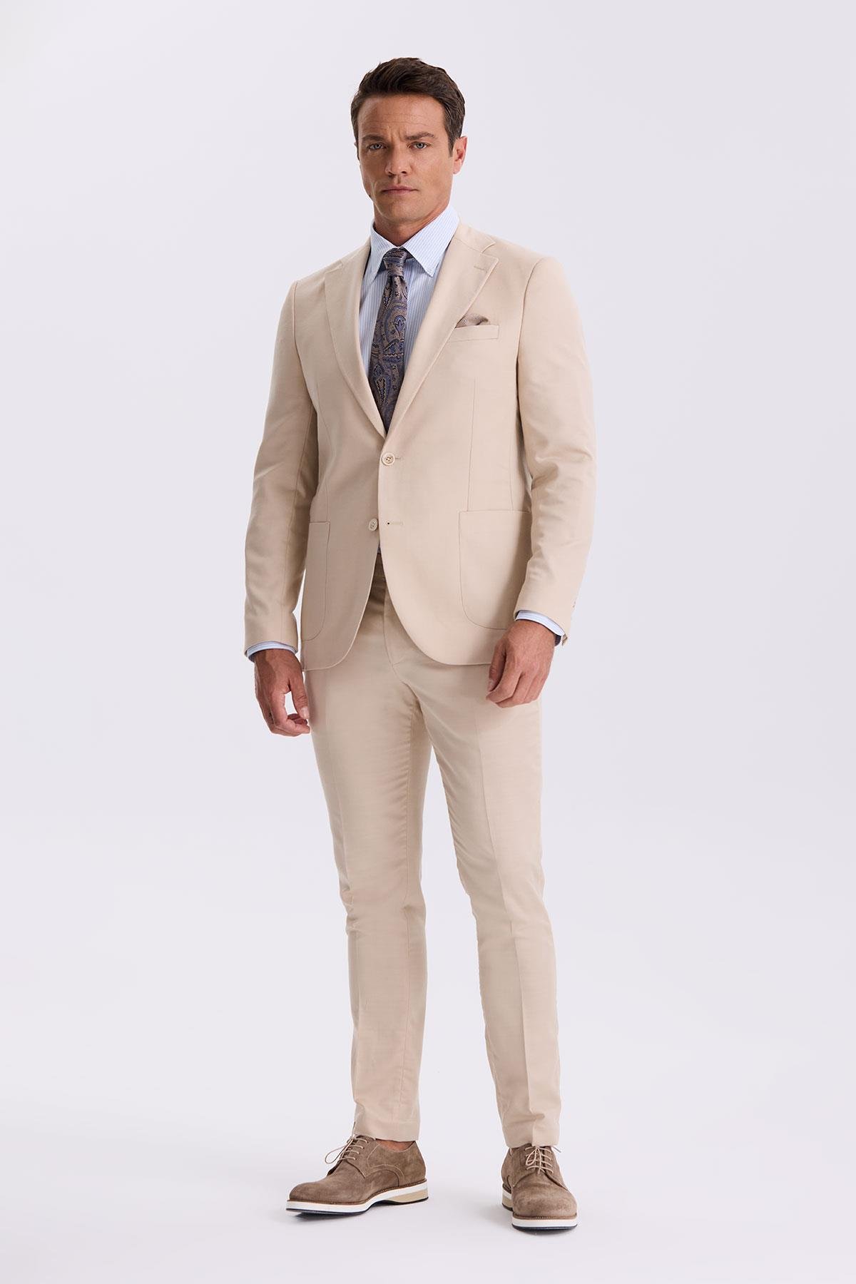 JAKAMEN Bej Slim Fit Mono Yaka Kumaş Çift Yırtmaç Torba Cepli Takım Elbise