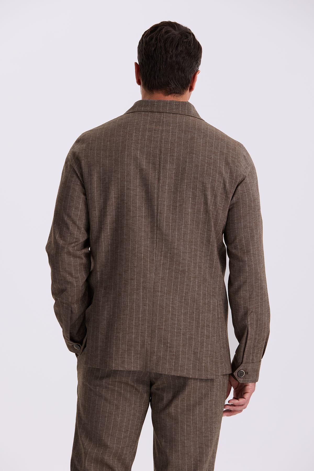 JAKAMEN Kahve Slim Fit Apaş Yaka Keten Karışımlı Çift Yırtmaçlı Çizgili Takım Elbise görsel 4