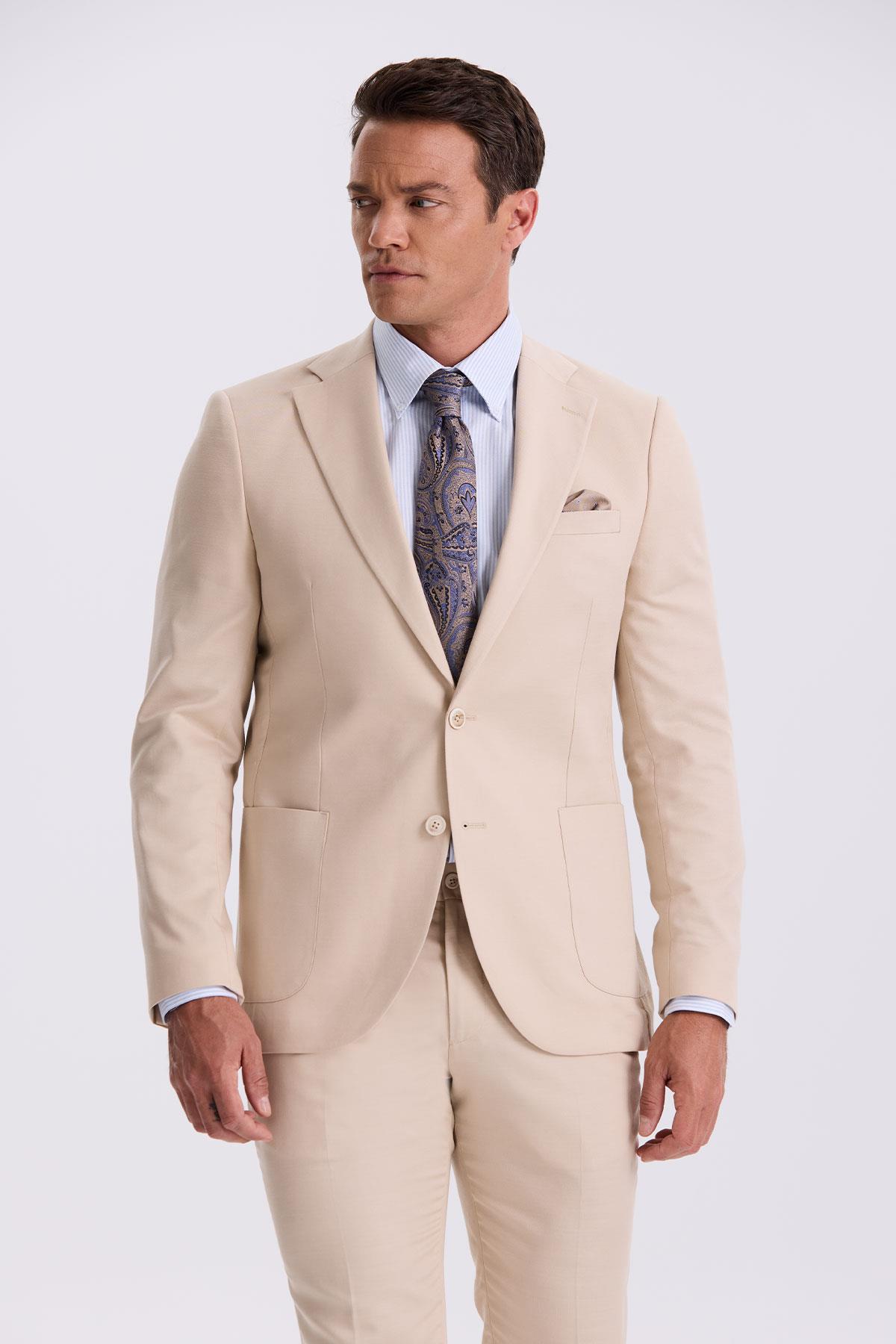 JAKAMEN Bej Slim Fit Mono Yaka Kumaş Çift Yırtmaç Torba Cepli Takım Elbise görsel 2