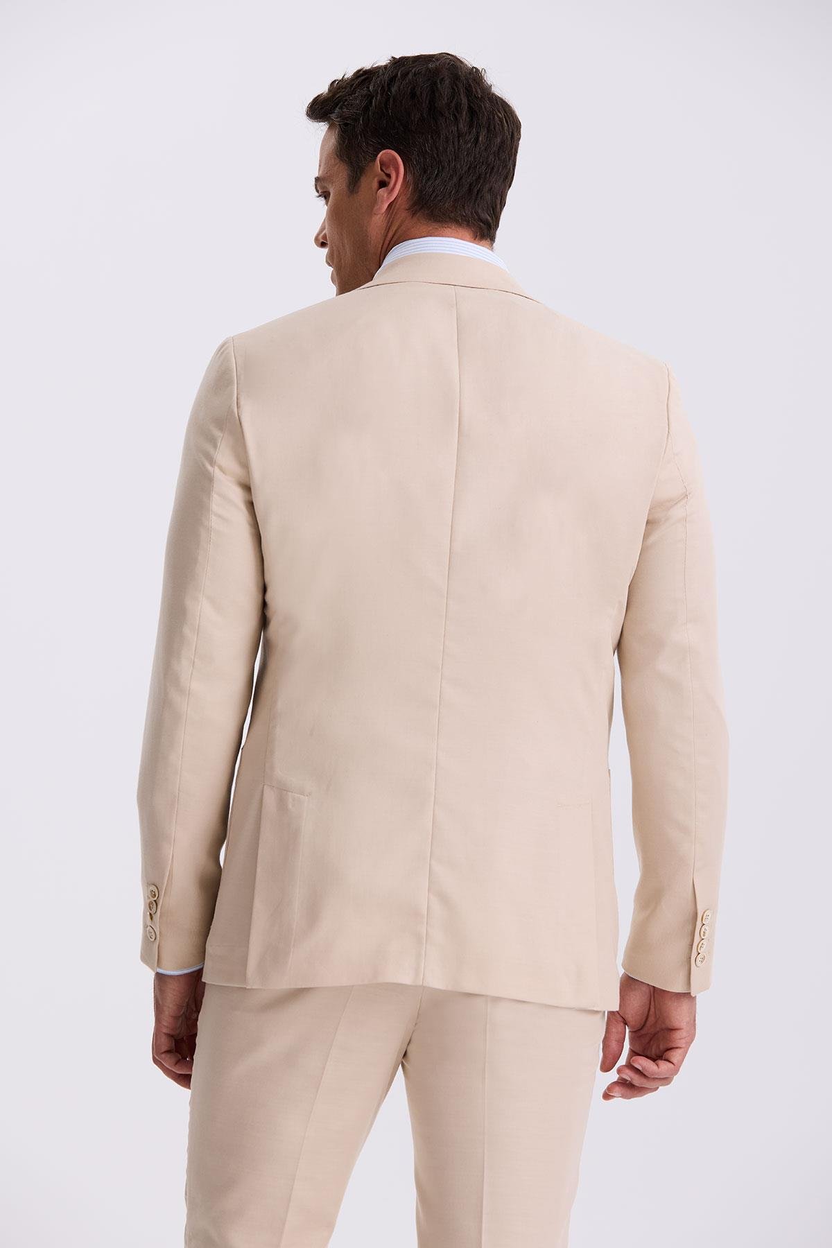 JAKAMEN Bej Slim Fit Mono Yaka Kumaş Çift Yırtmaç Torba Cepli Takım Elbise görsel 4