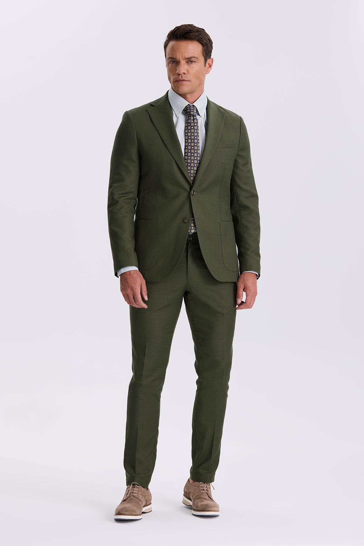 JAKAMEN Haki Slim Fit Mono Yaka Kumaş Çift Yırtmaç Torba Cepli Takım Elbise