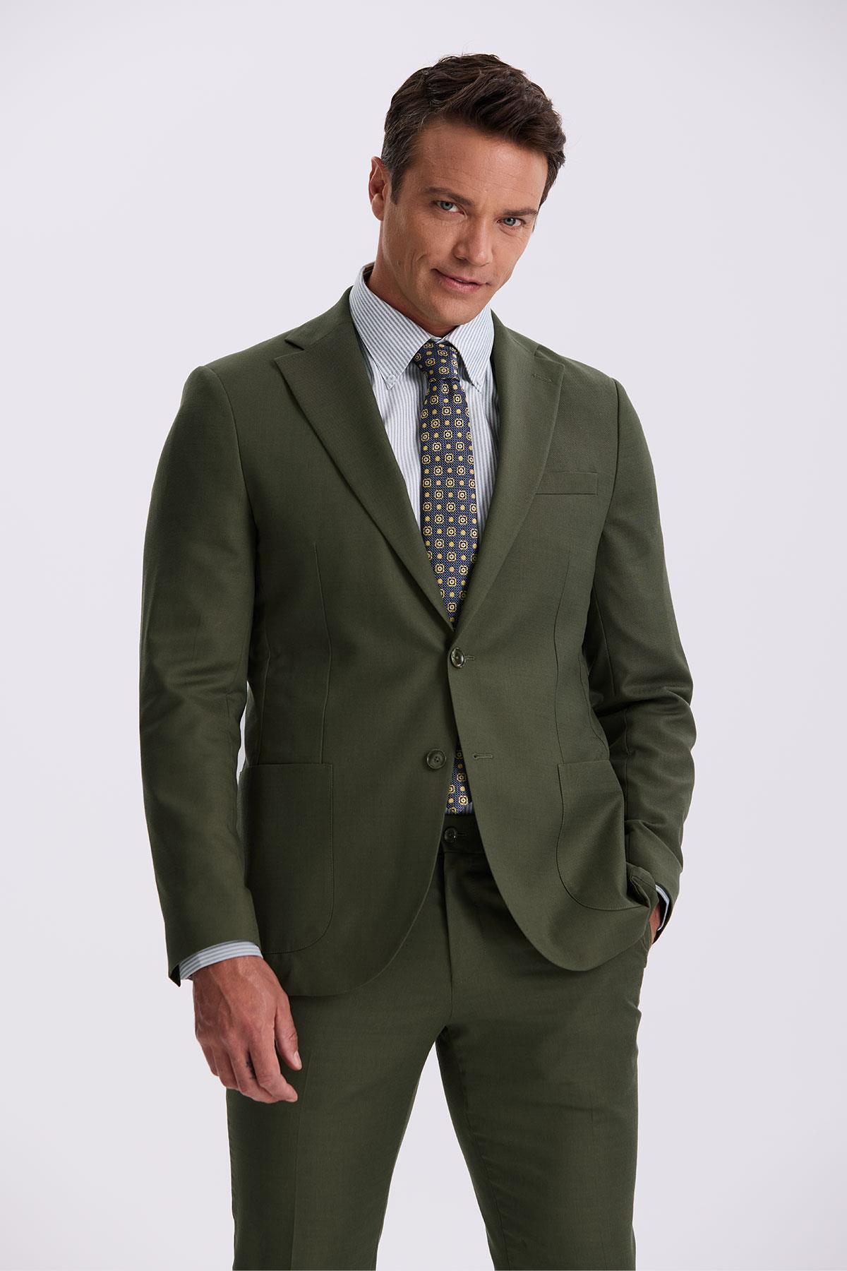 JAKAMEN Haki Slim Fit Mono Yaka Kumaş Çift Yırtmaç Torba Cepli Takım Elbise görsel 2