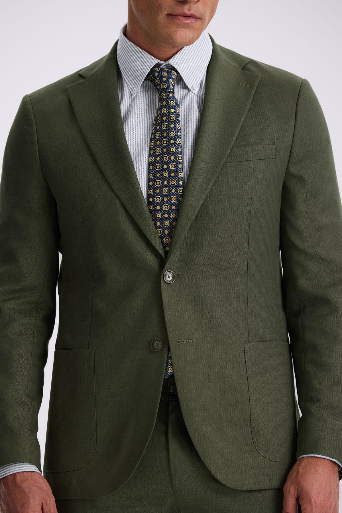 JAKAMEN Haki Slim Fit Mono Yaka Kumaş Çift Yırtmaç Torba Cepli Takım Elbise görsel 3